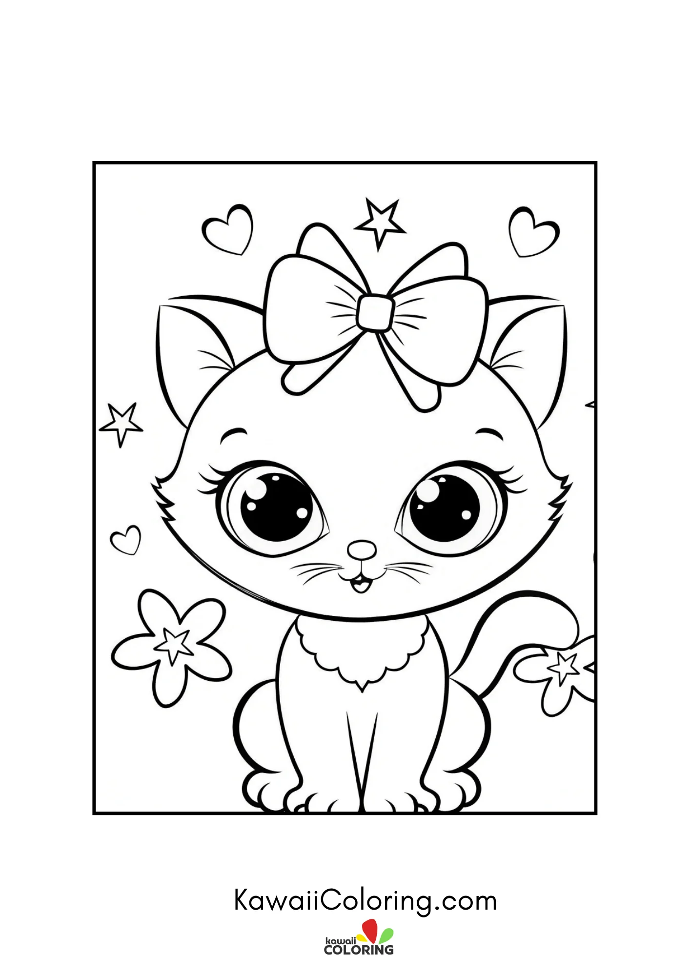 Kitten with large bow and flower border