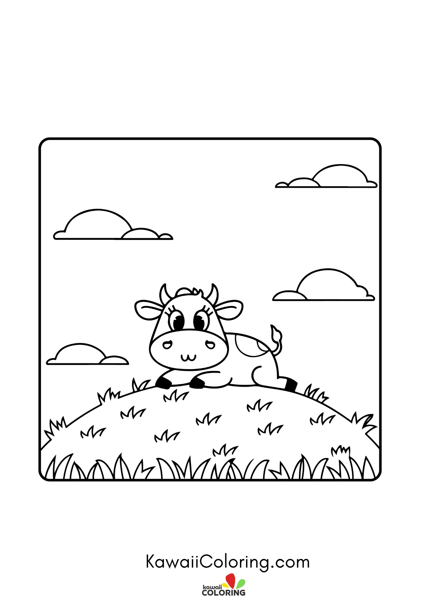 Baby cow sitting near simple plants