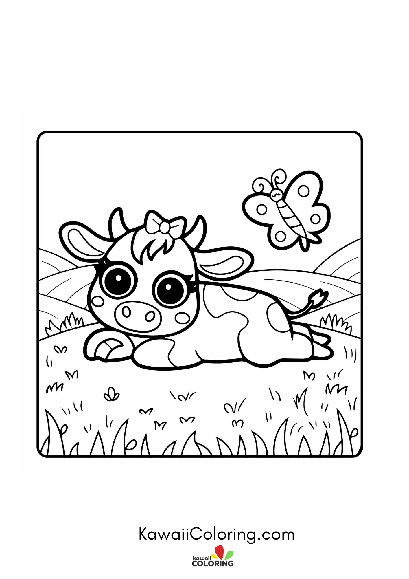 Baby cow sitting near simple plants