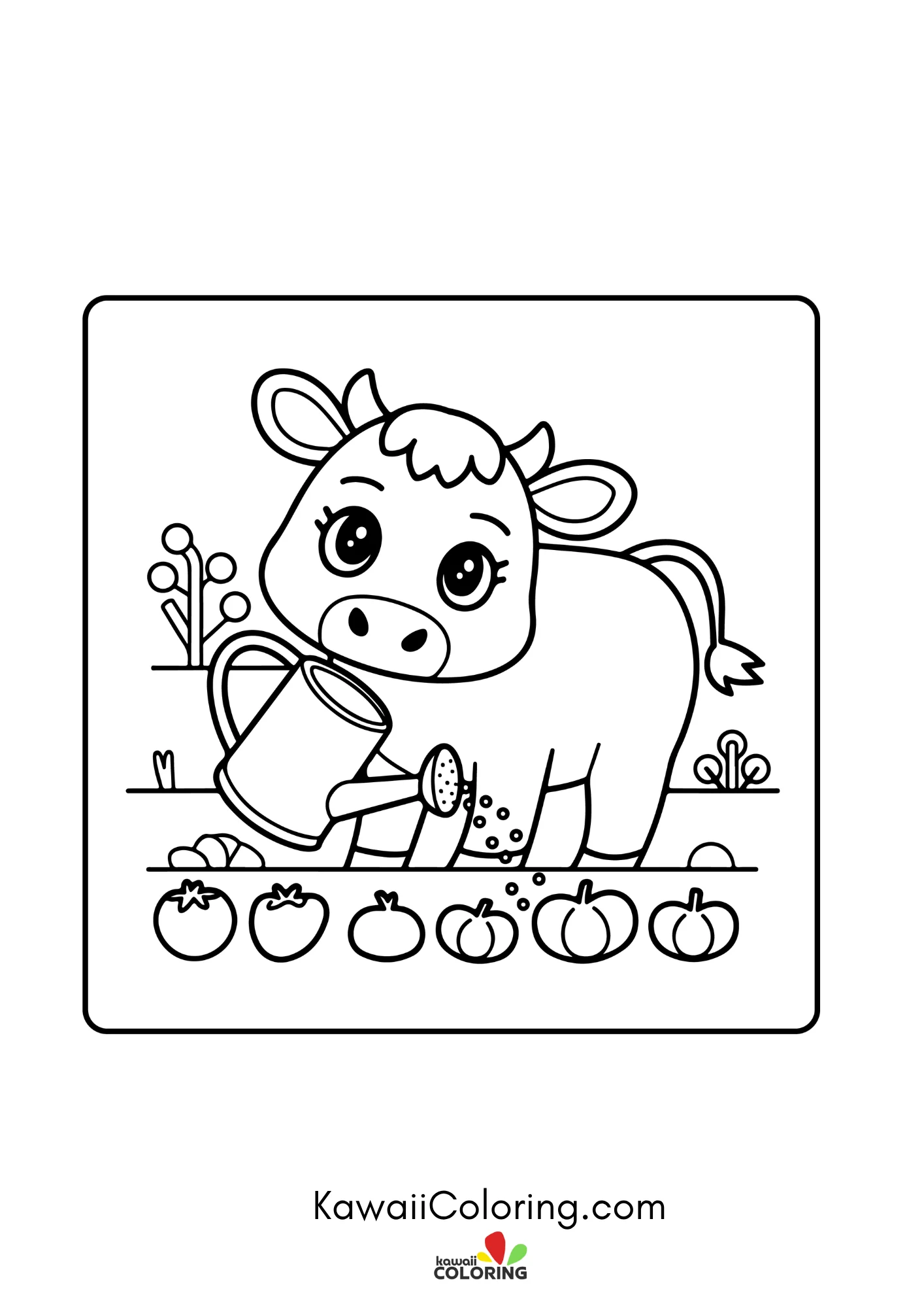 Baby cow sitting near simple plants