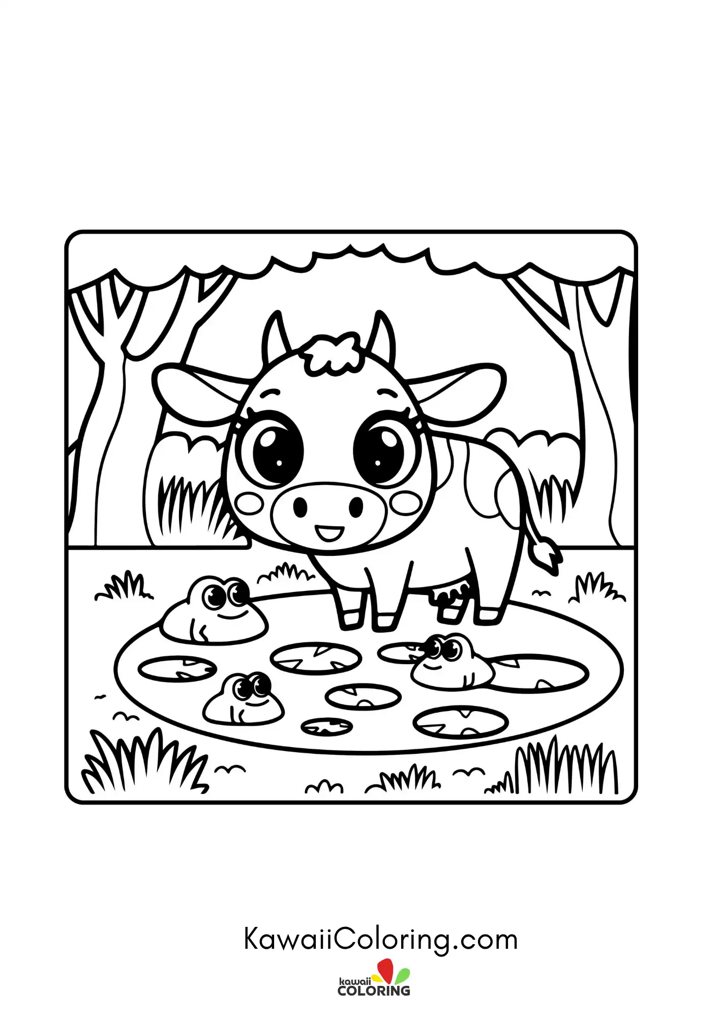 Baby cow sitting near simple plants