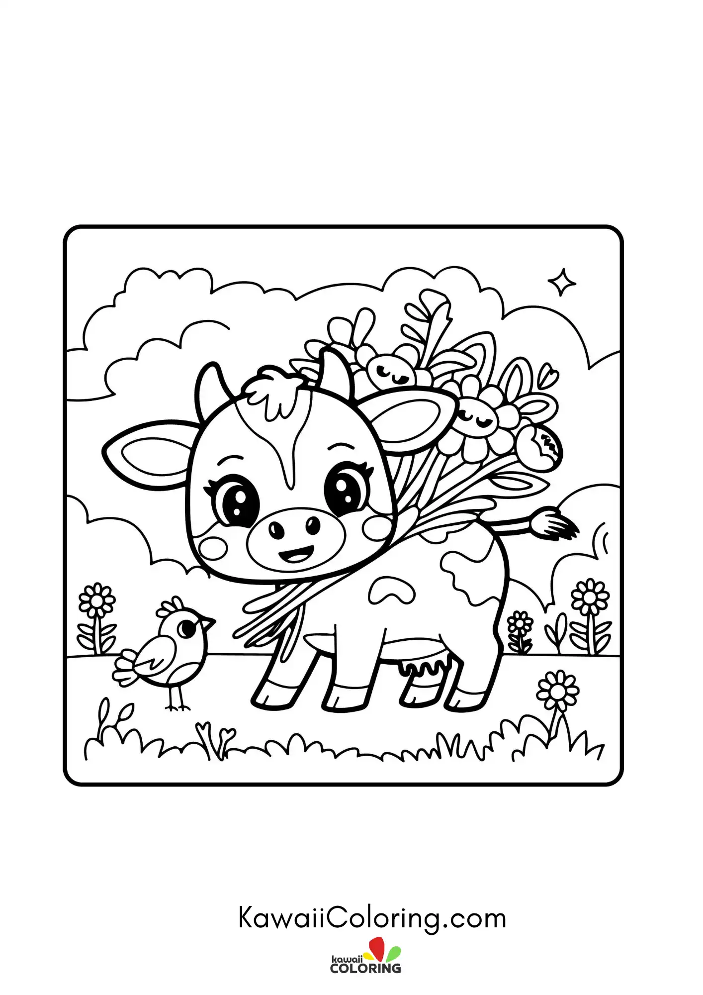 Baby cow sitting near simple plants