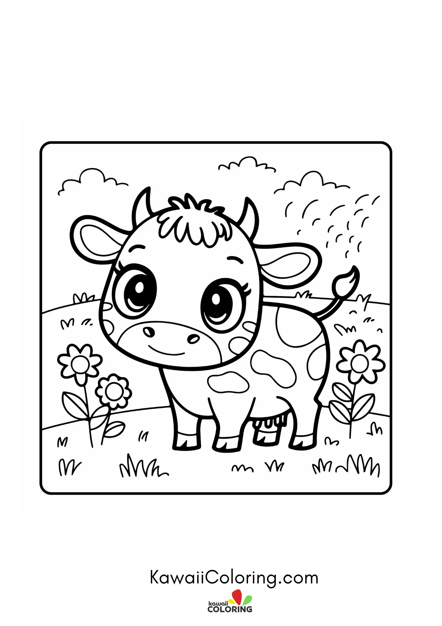 Baby cow sitting near simple plants