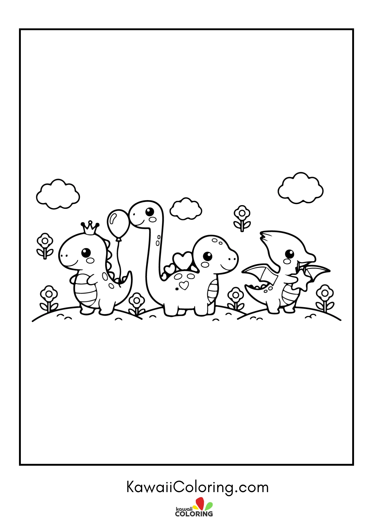 Kawaii dinosaur with volcano and trees