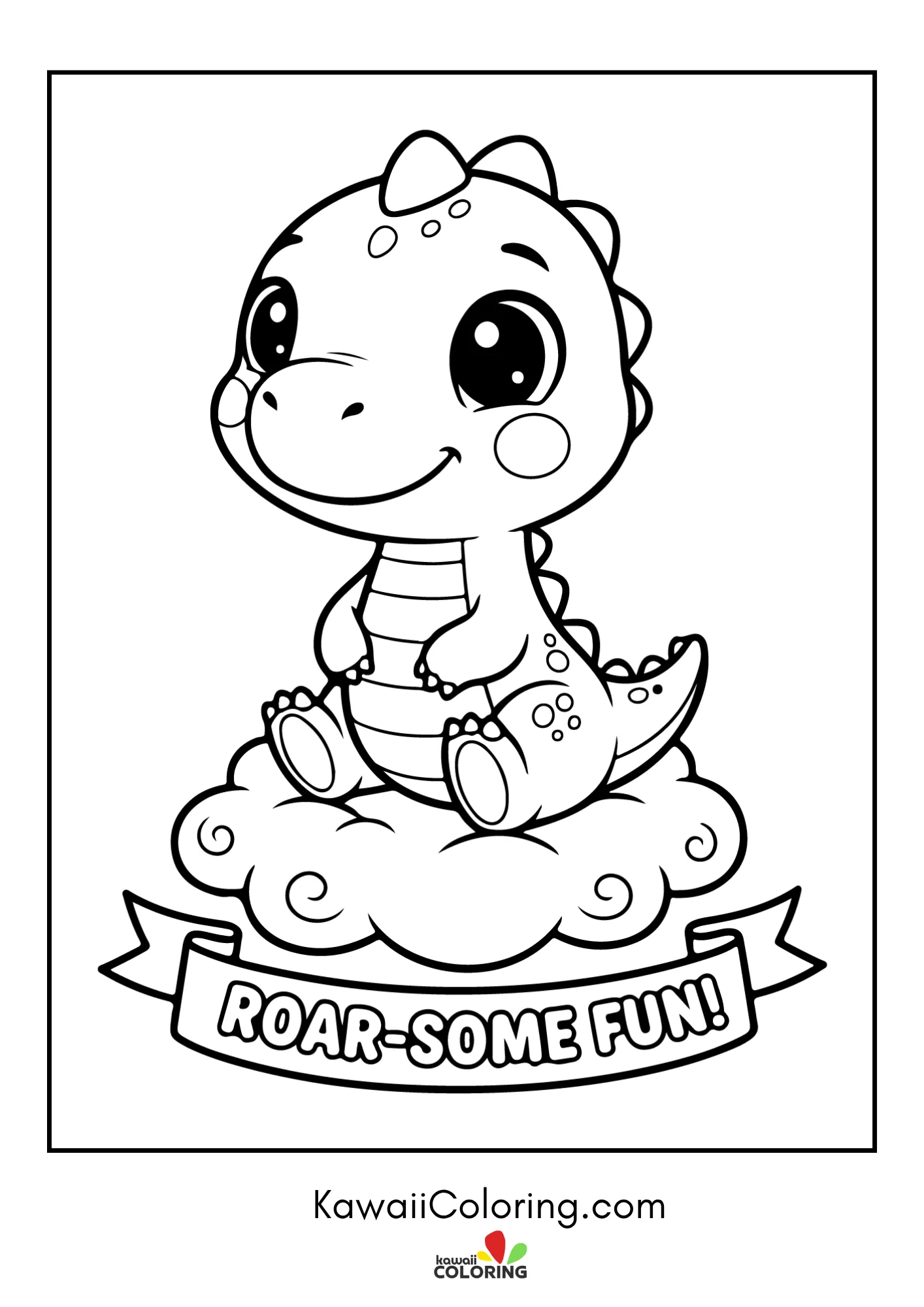 Kawaii dinosaur with volcano and trees