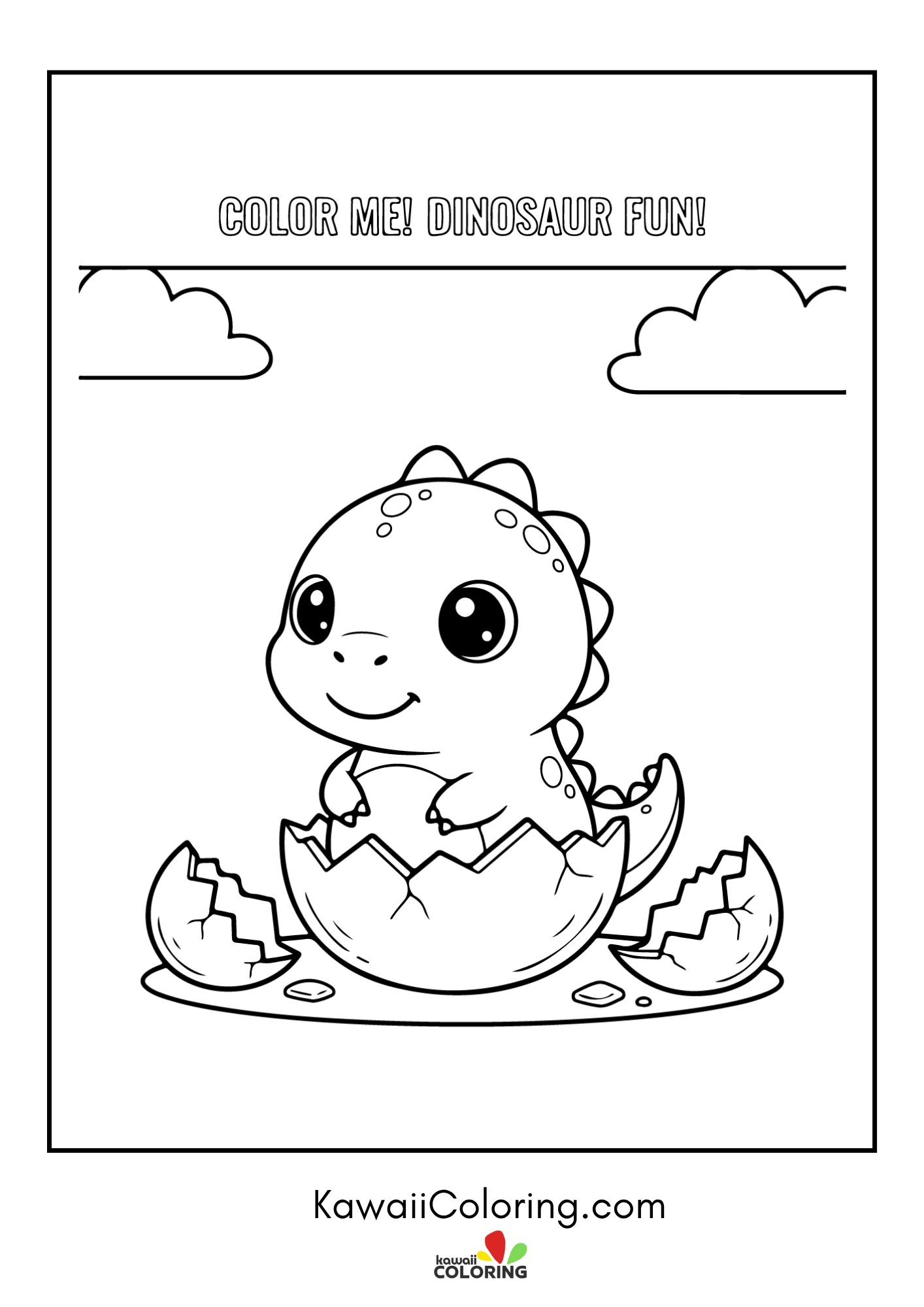 Kawaii dinosaur with volcano and trees