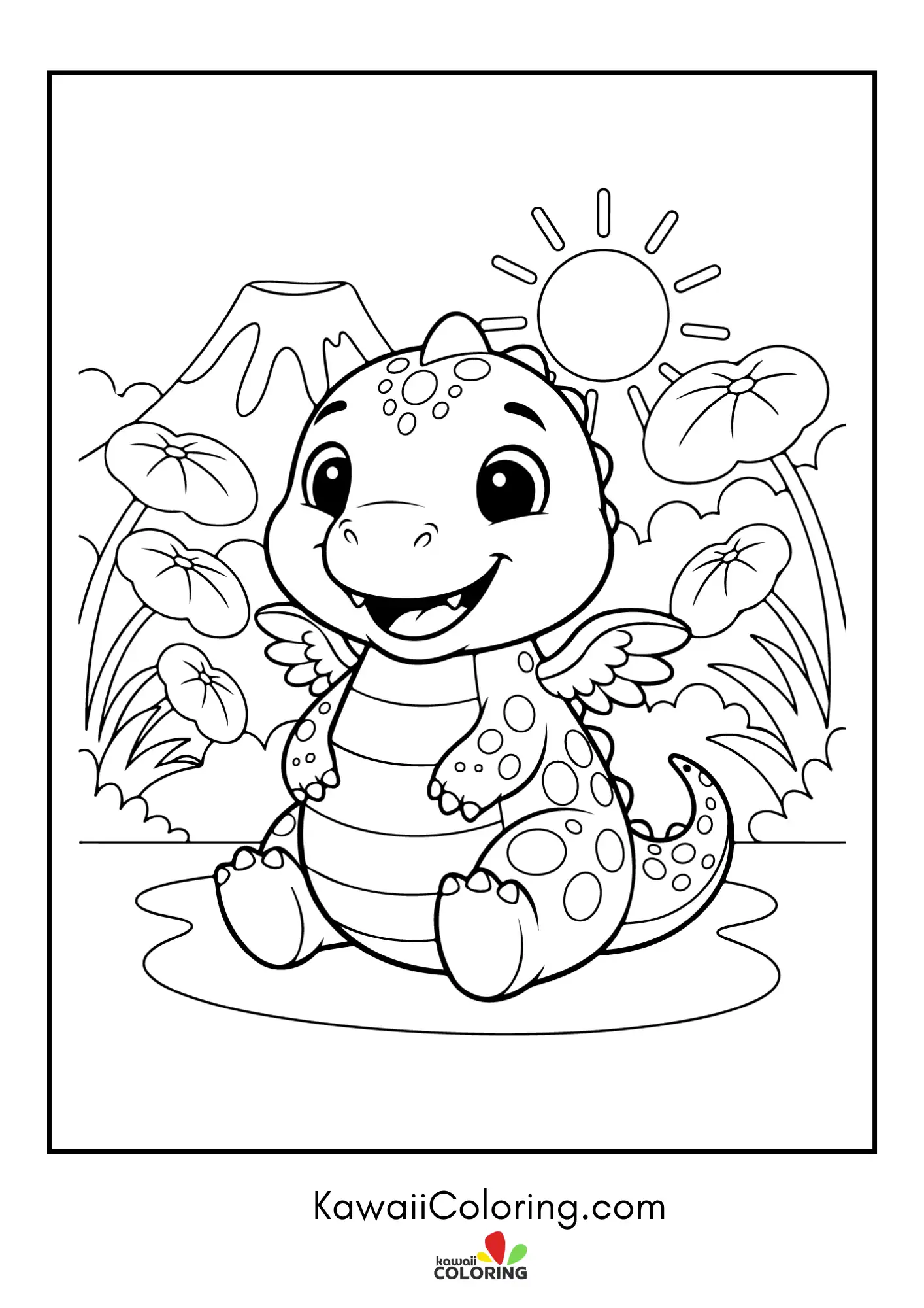 Kawaii dinosaur with volcano and trees