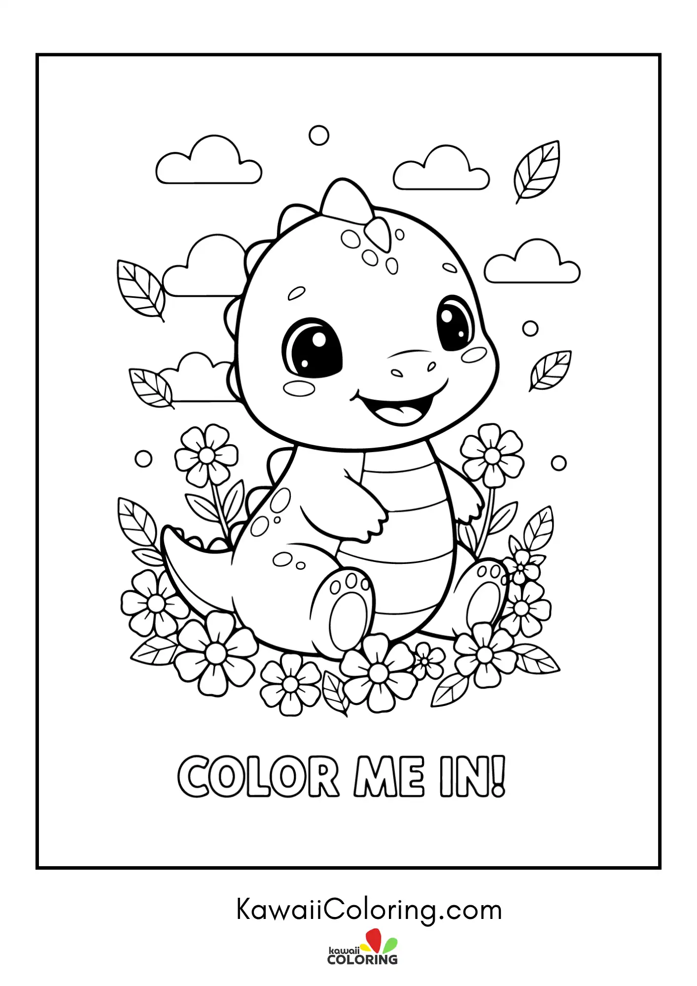 Friendly dinosaur surrounded by leaves