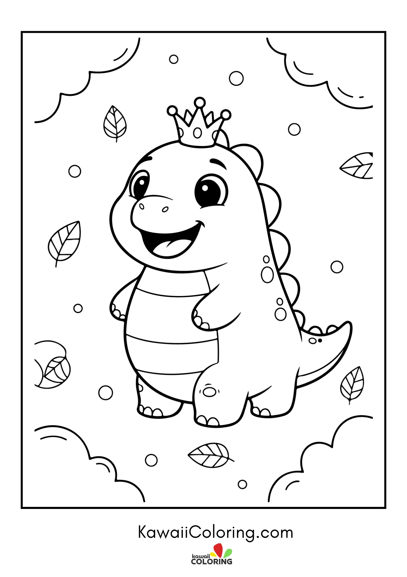 Kawaii dinosaur with volcano and trees