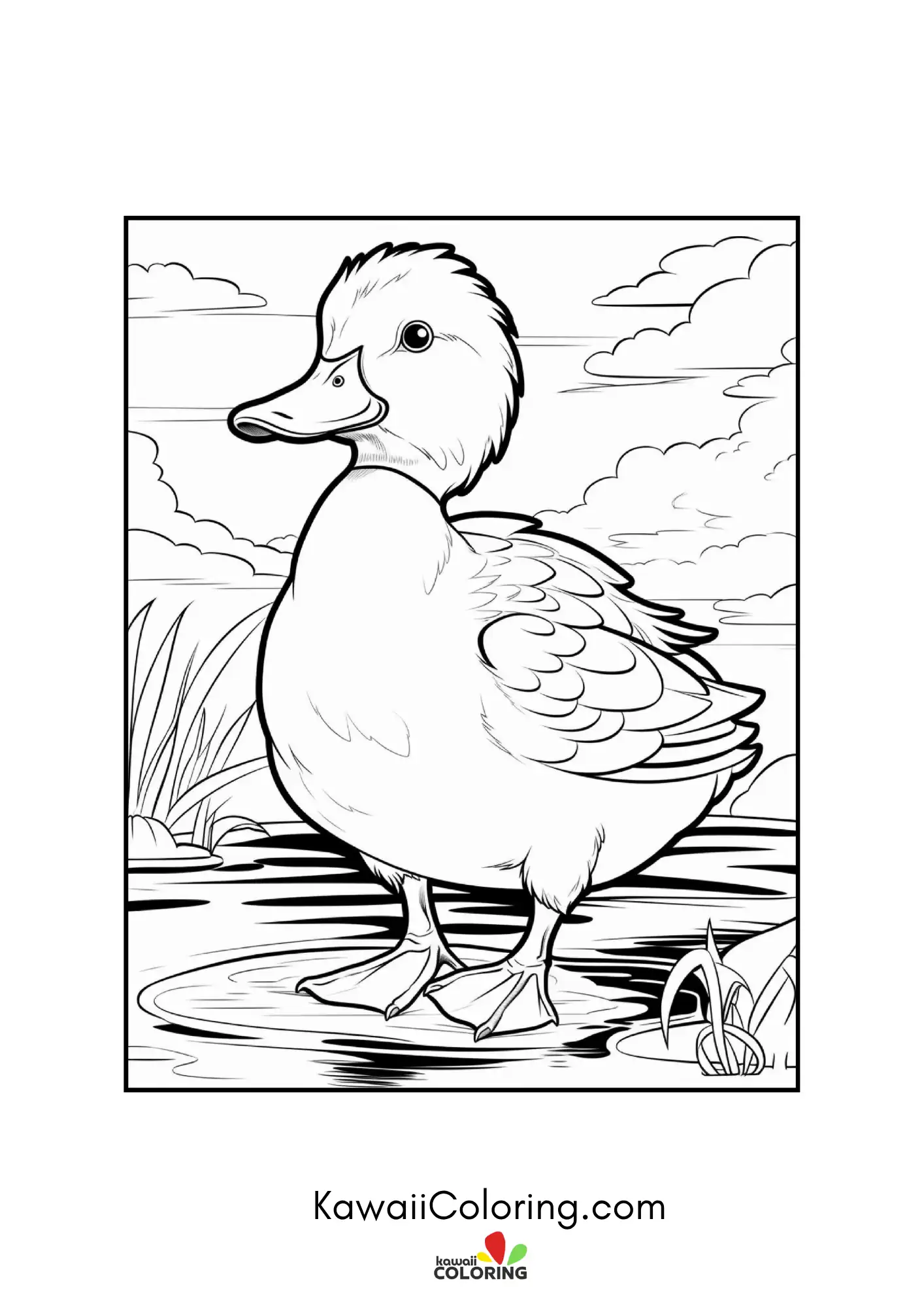 Smiling duck by water and flowers