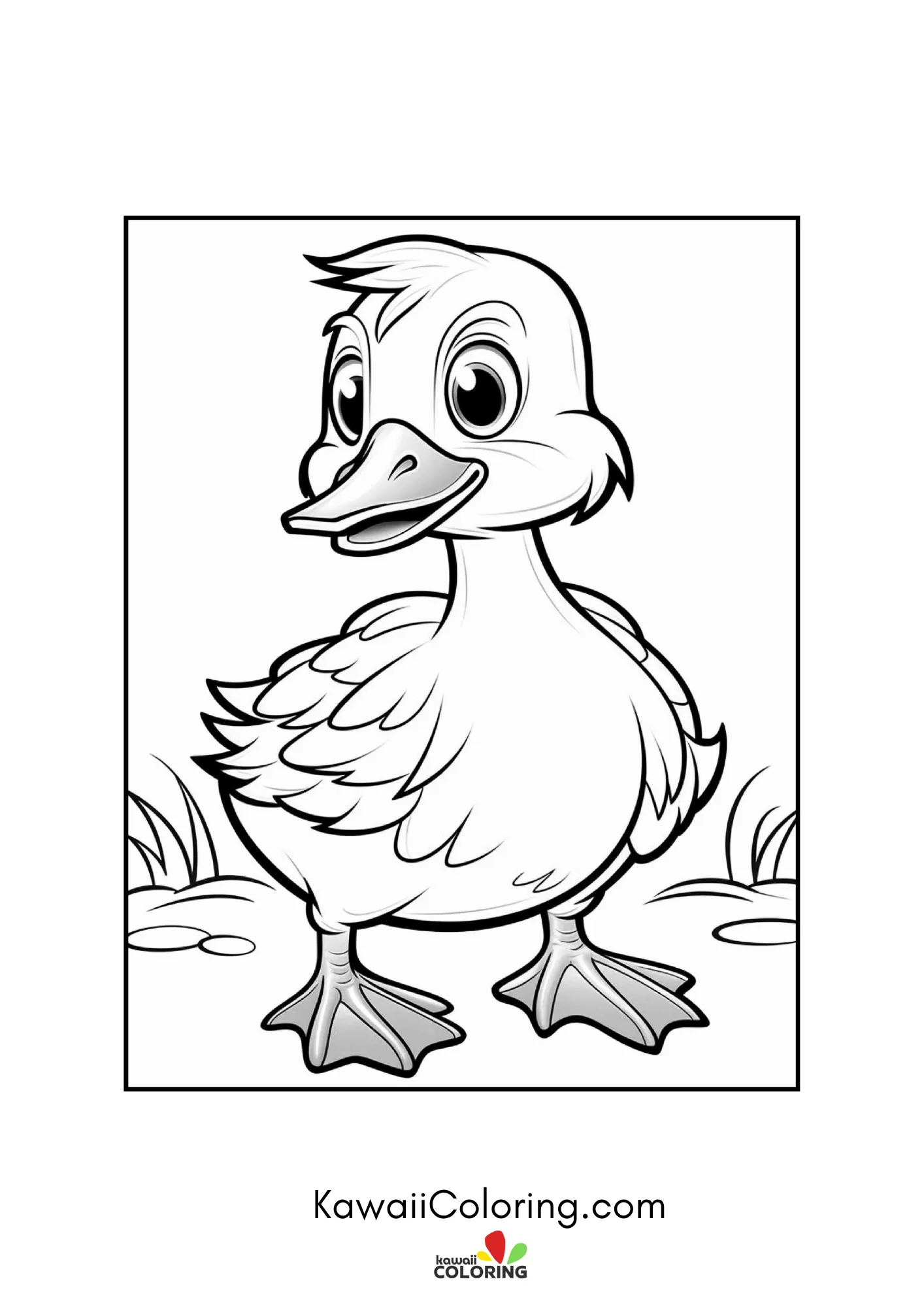 Smiling duck by water and flowers