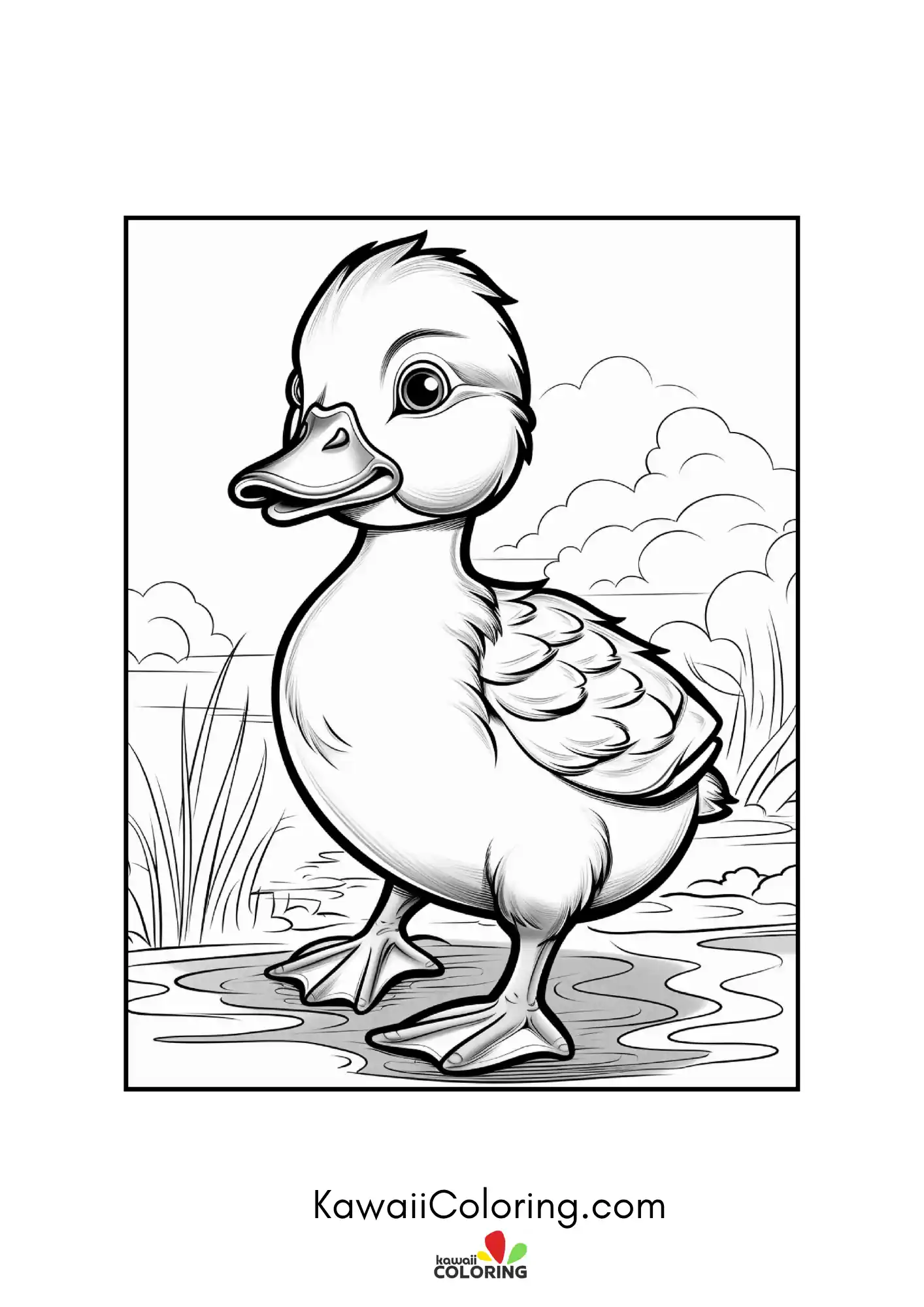 Smiling duck by water and flowers