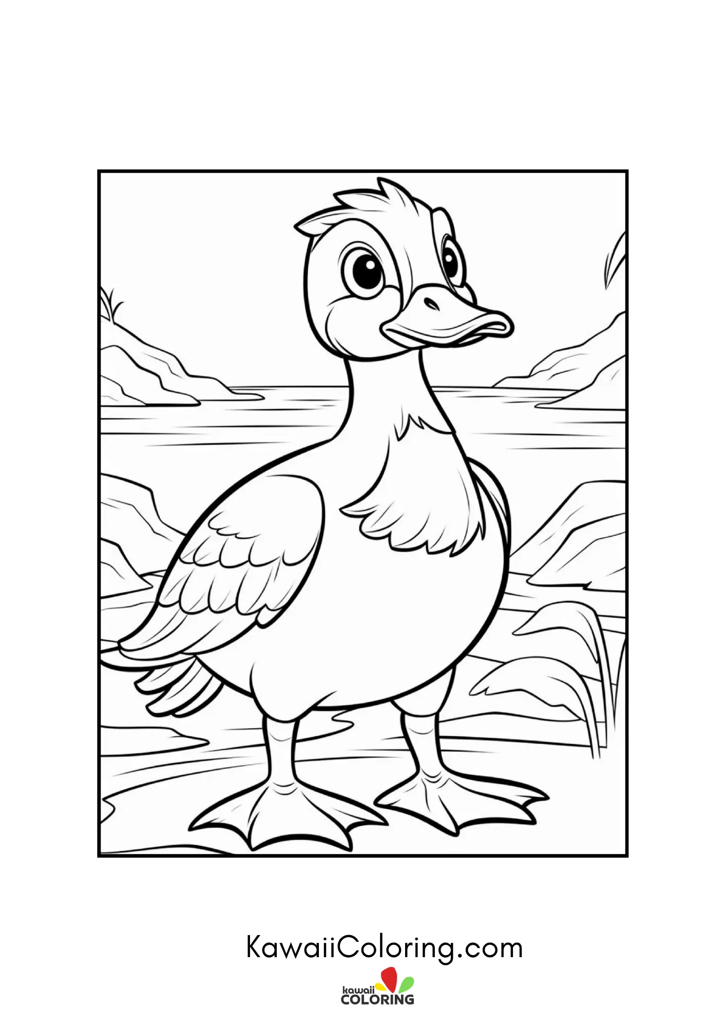 Kawaii duck with bubbles and plants