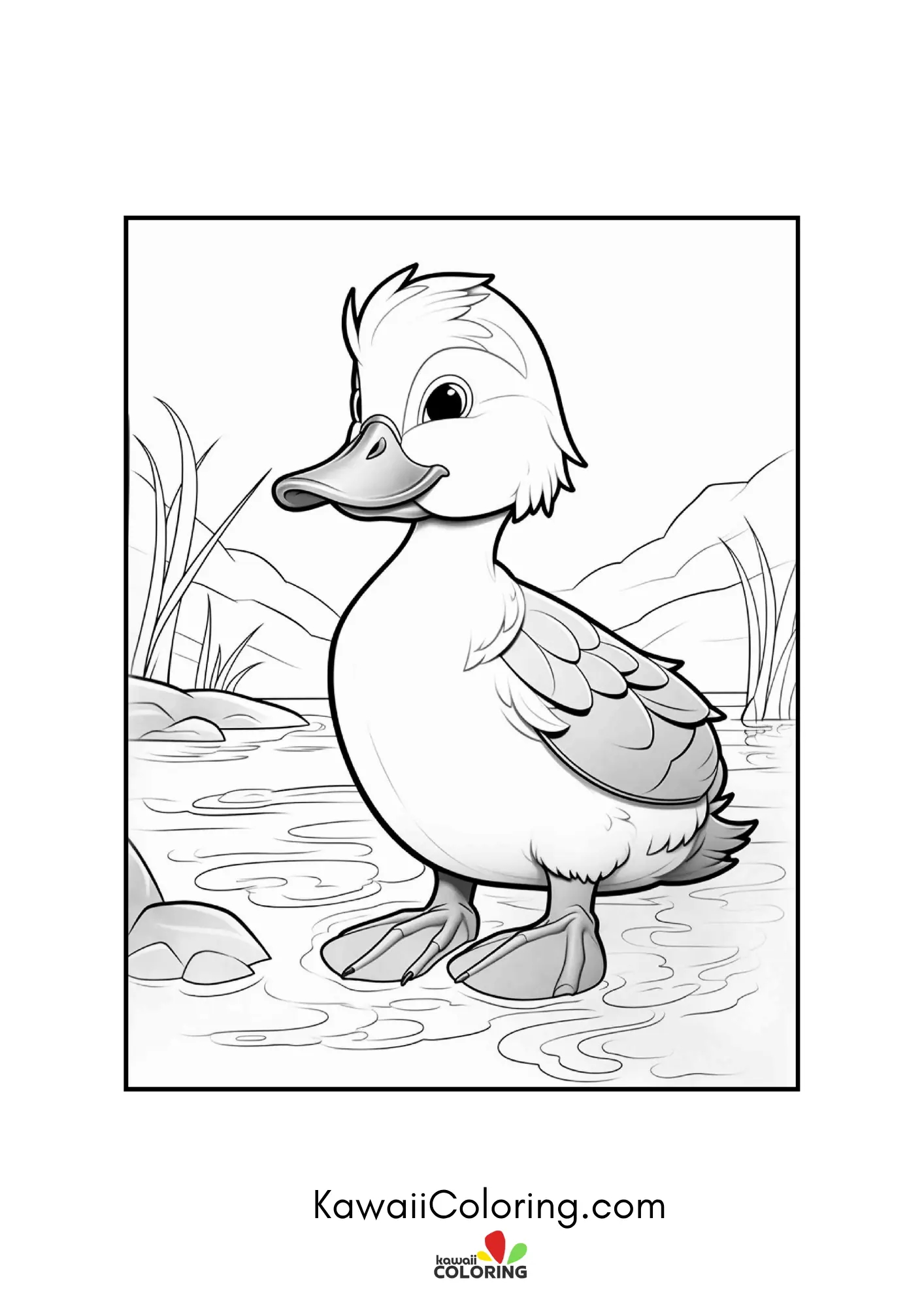 Kawaii duck with bubbles and plants