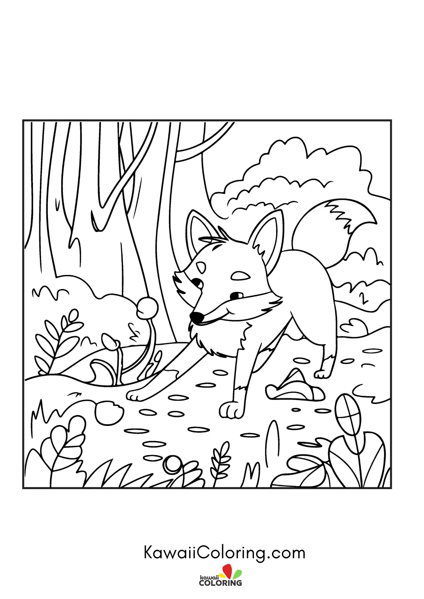 Smiling fox with leafy forest details