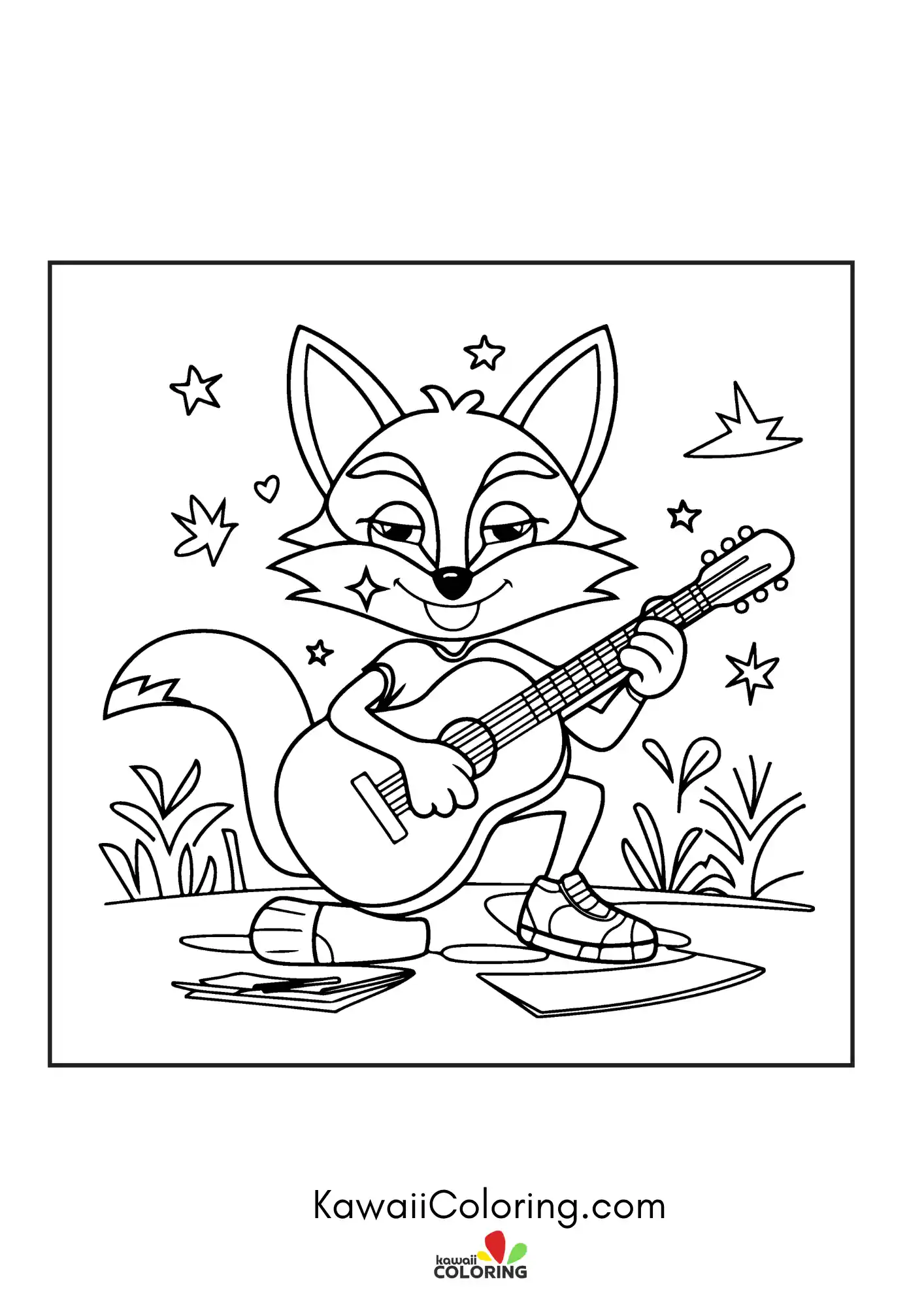 Fox cub with stars and simple plants
