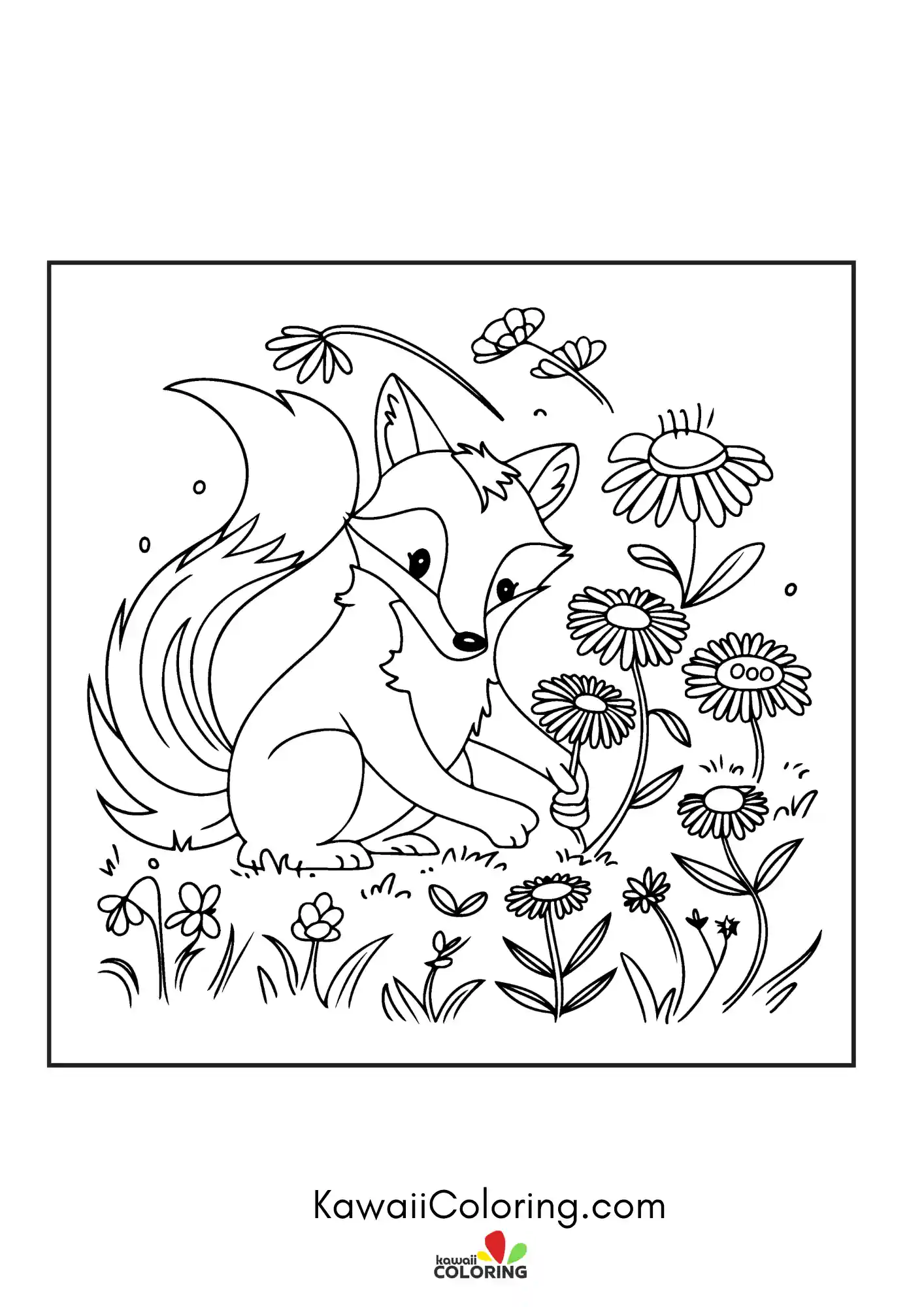 Cute fox sitting with flowers