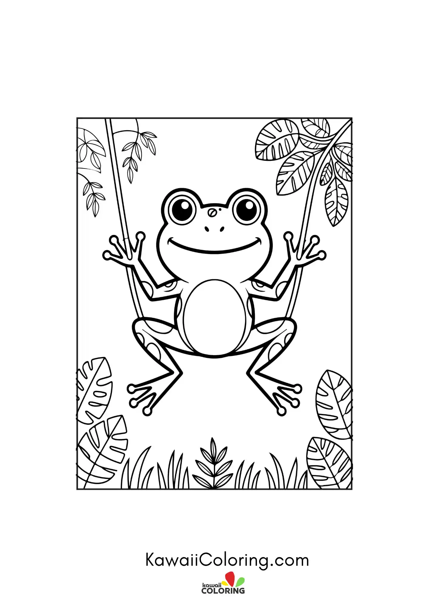 Happy frog with bubbles and leaves