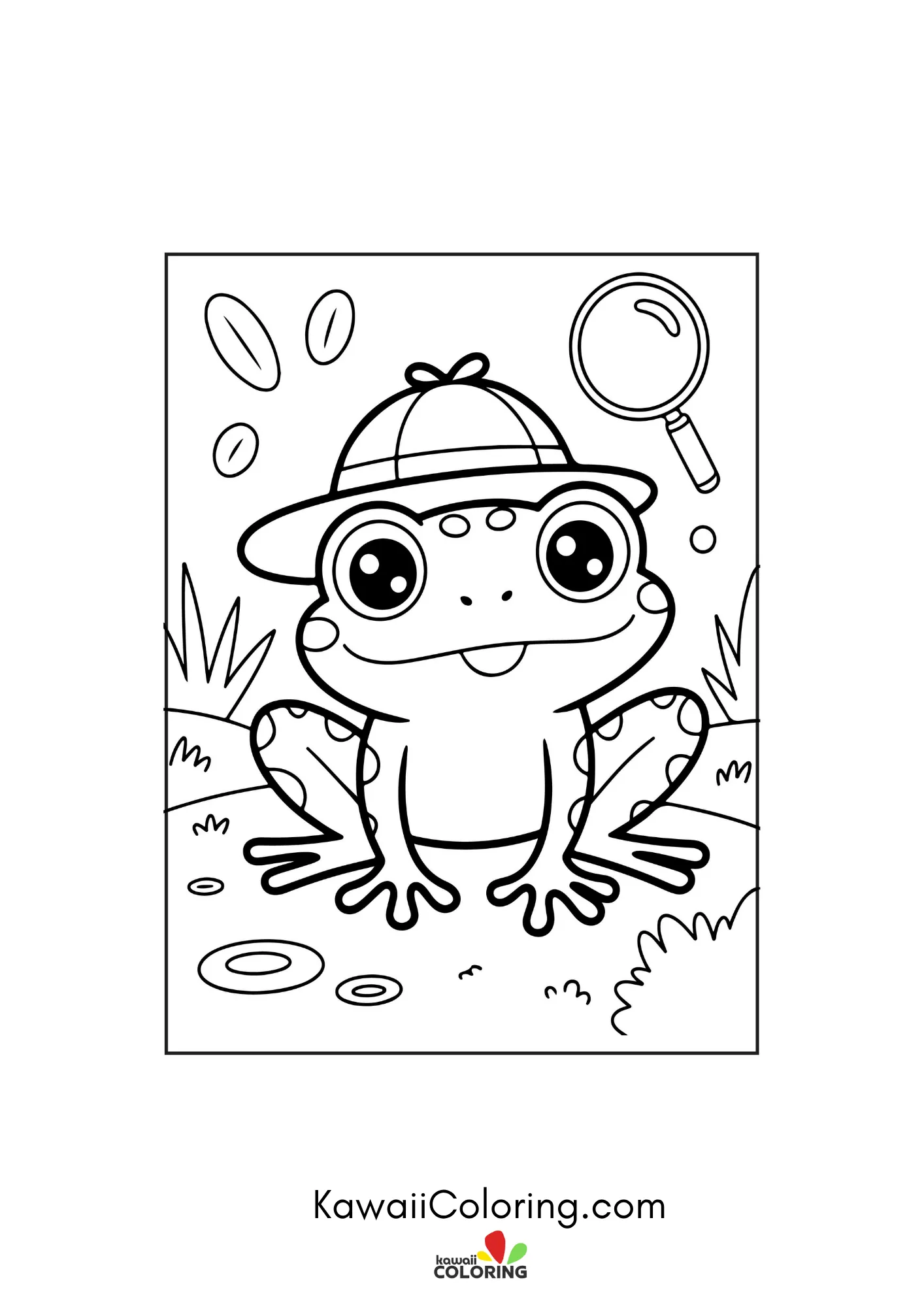 Happy frog with bubbles and leaves