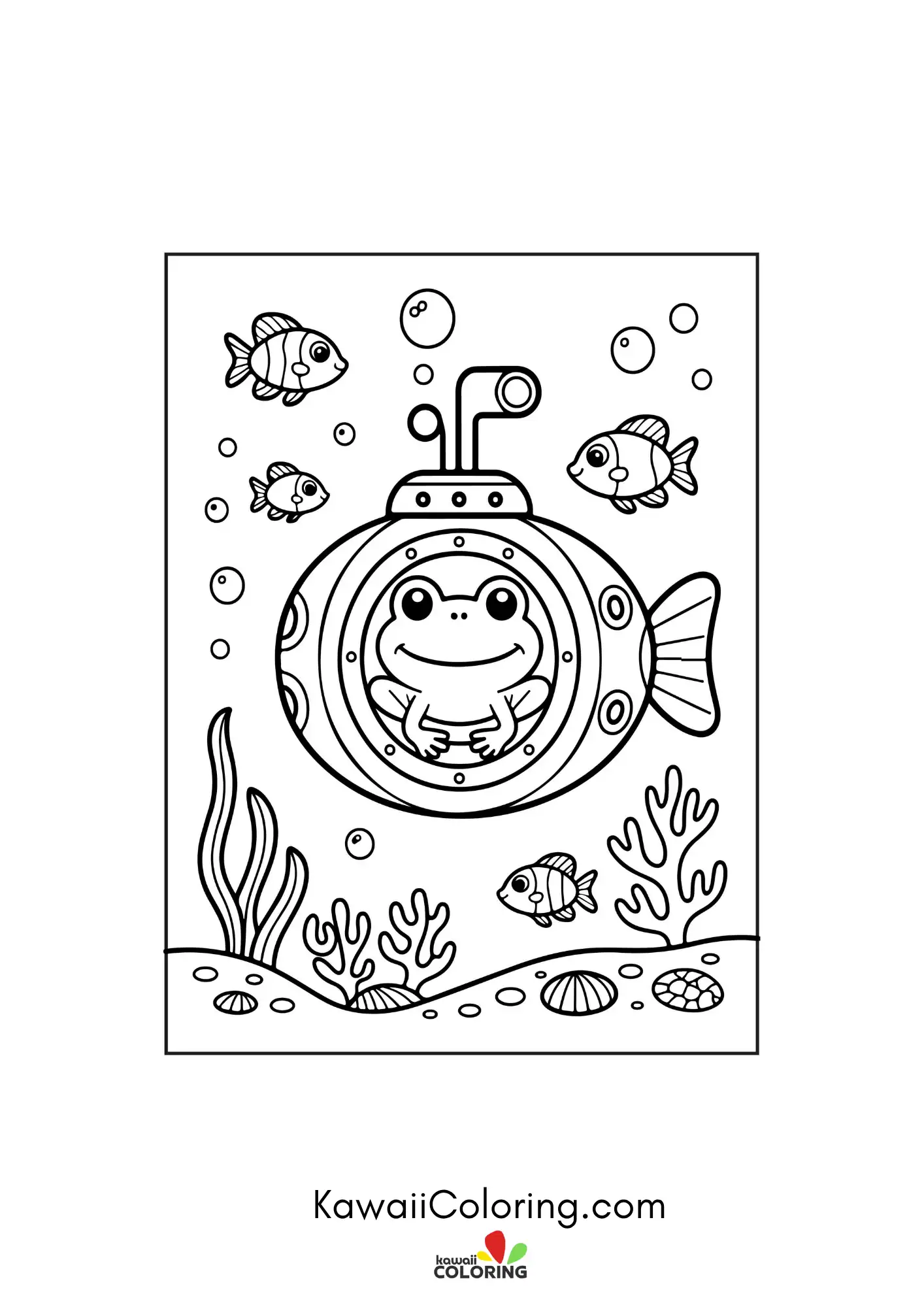 Happy frog with bubbles and leaves