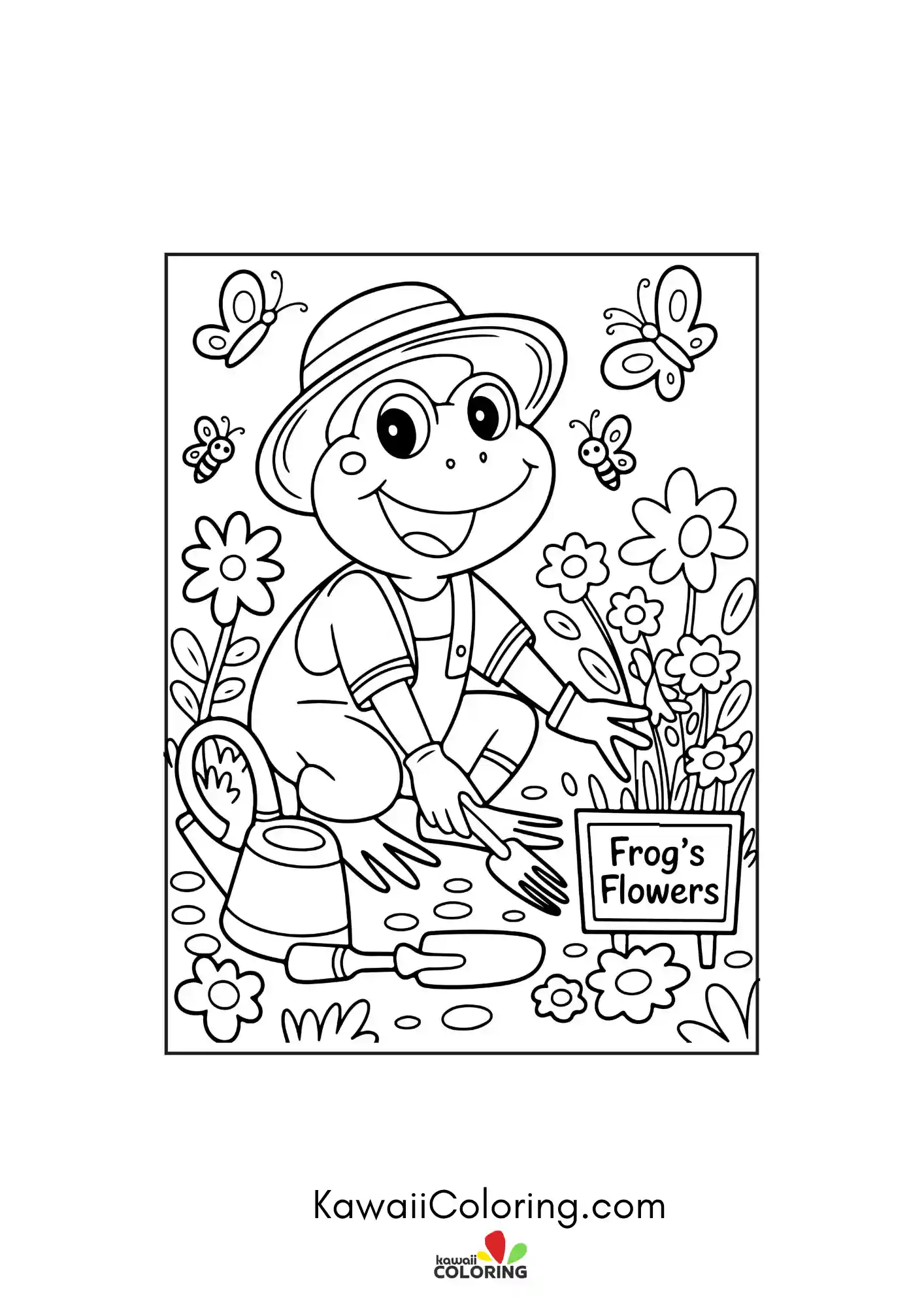 Kawaii frog surrounded by flowers