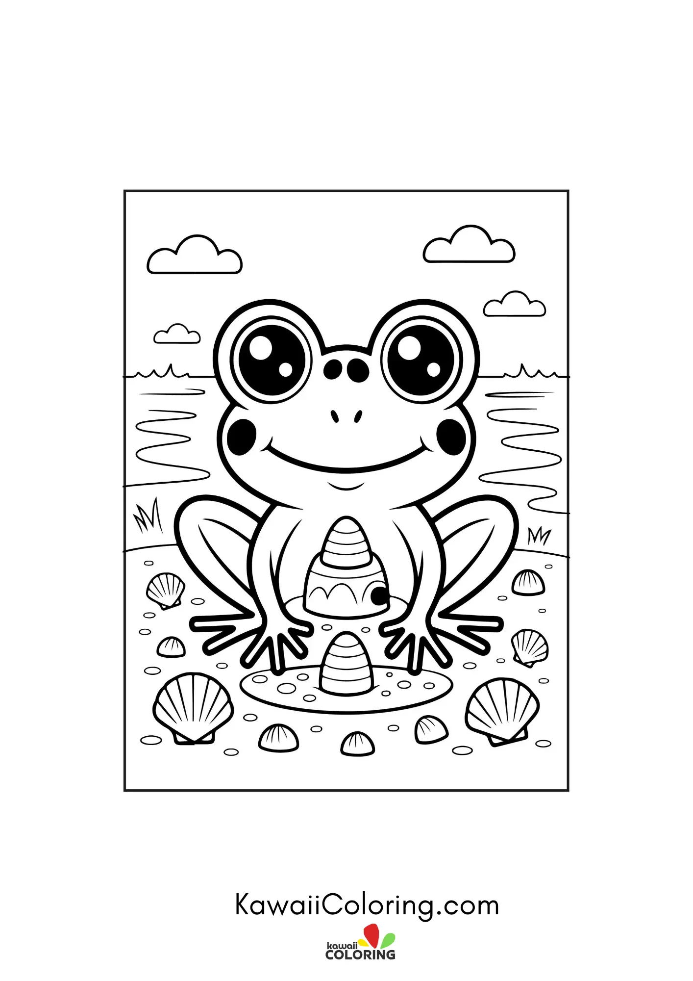 Kawaii frog surrounded by flowers