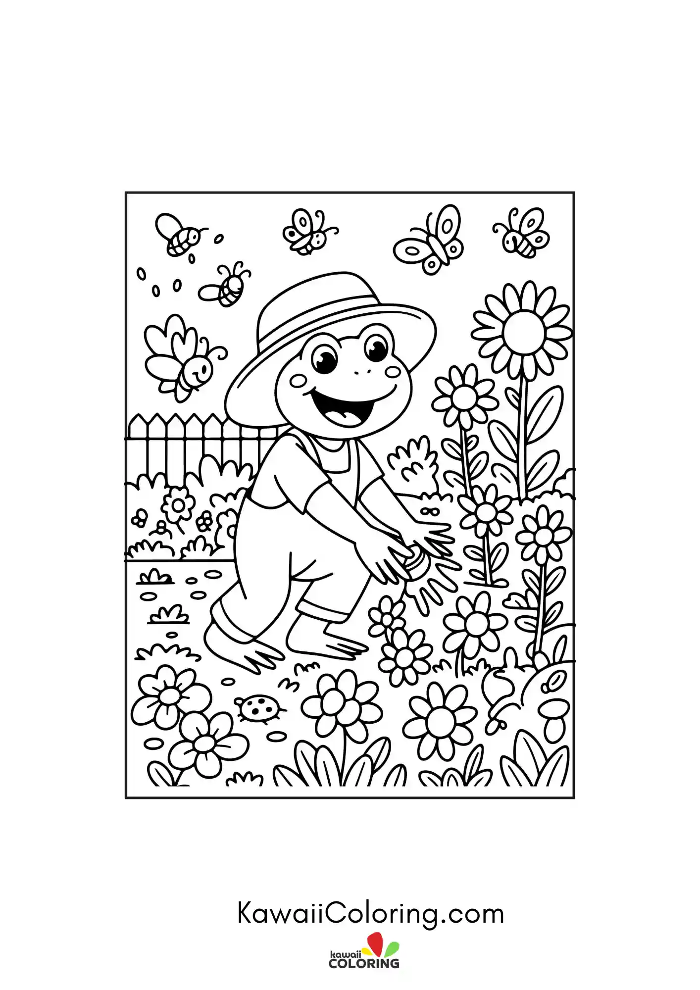 Kawaii frog surrounded by flowers