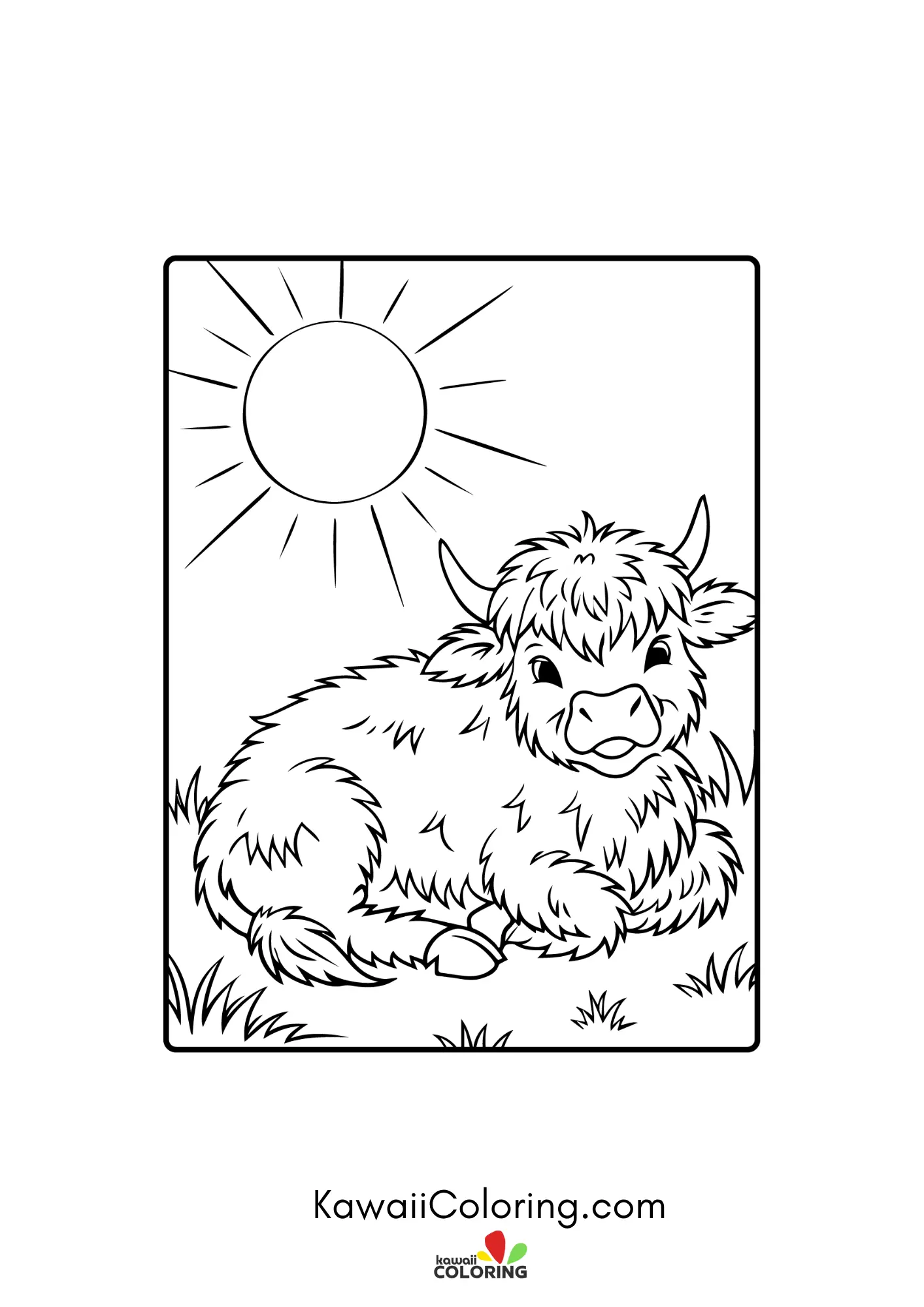 Highland cow surrounded by simple plants
