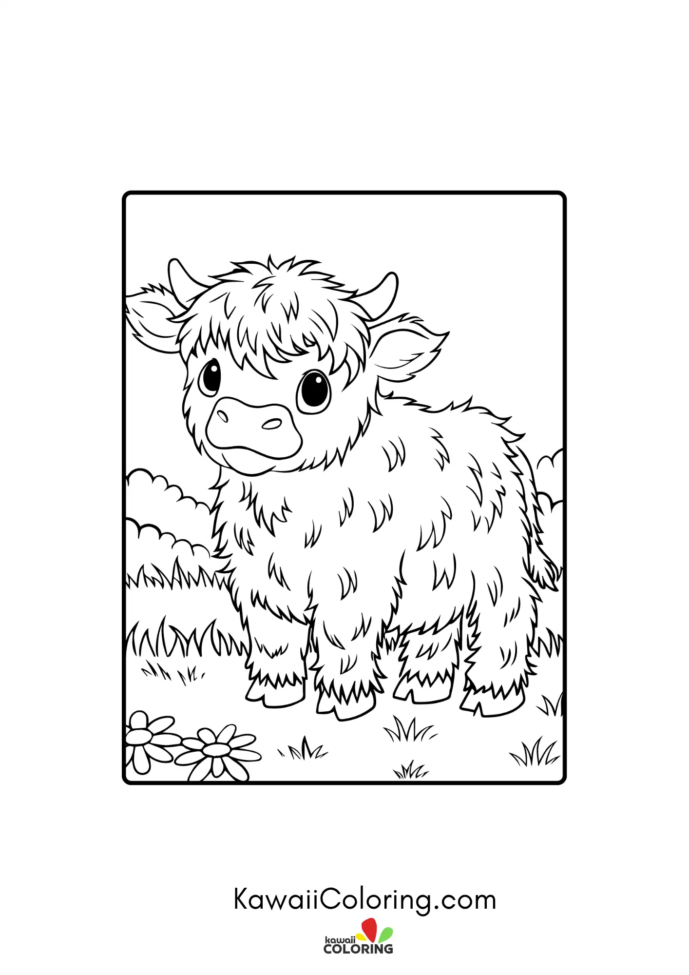 Highland cow surrounded by simple plants