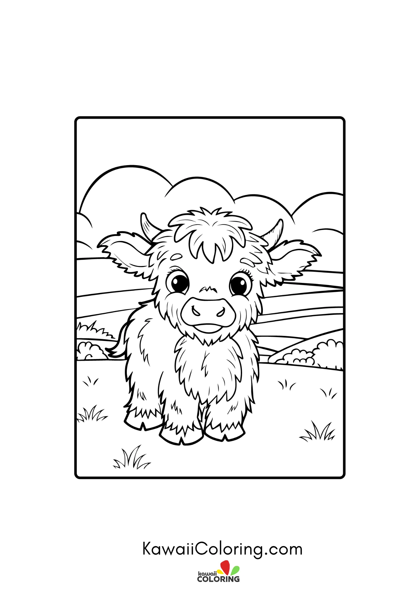 Highland cow surrounded by simple plants