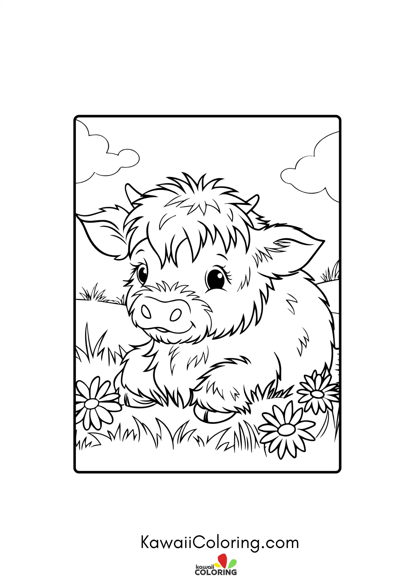 Highland cow surrounded by simple plants