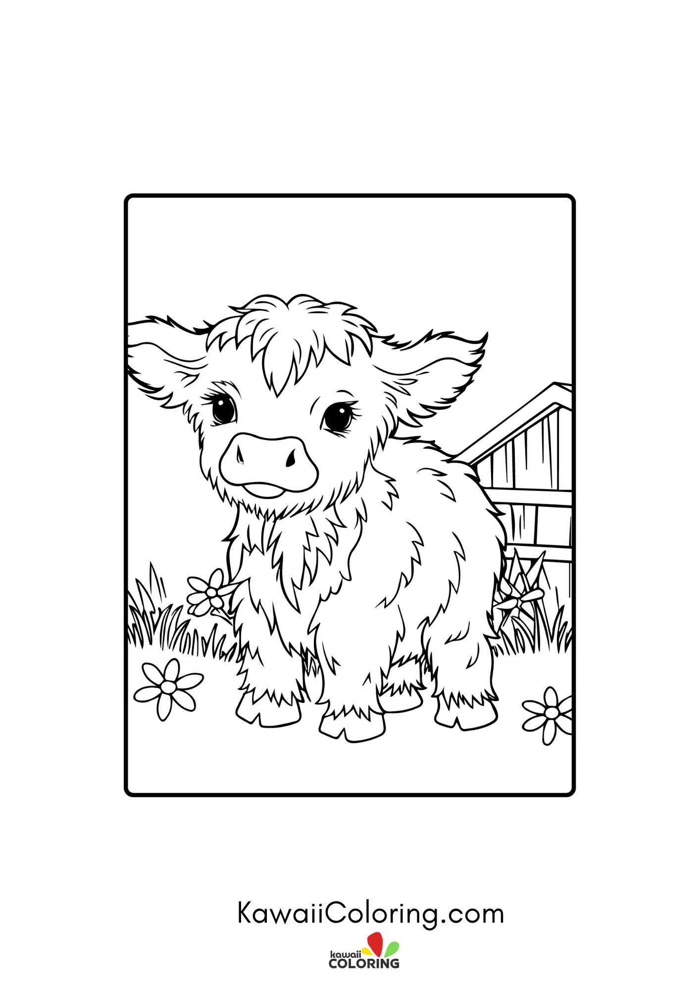 Smiling highland cow in a farm scene
