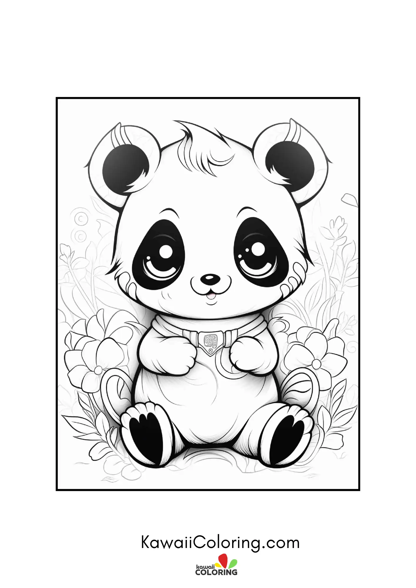 Smiling panda with hearts and leaves