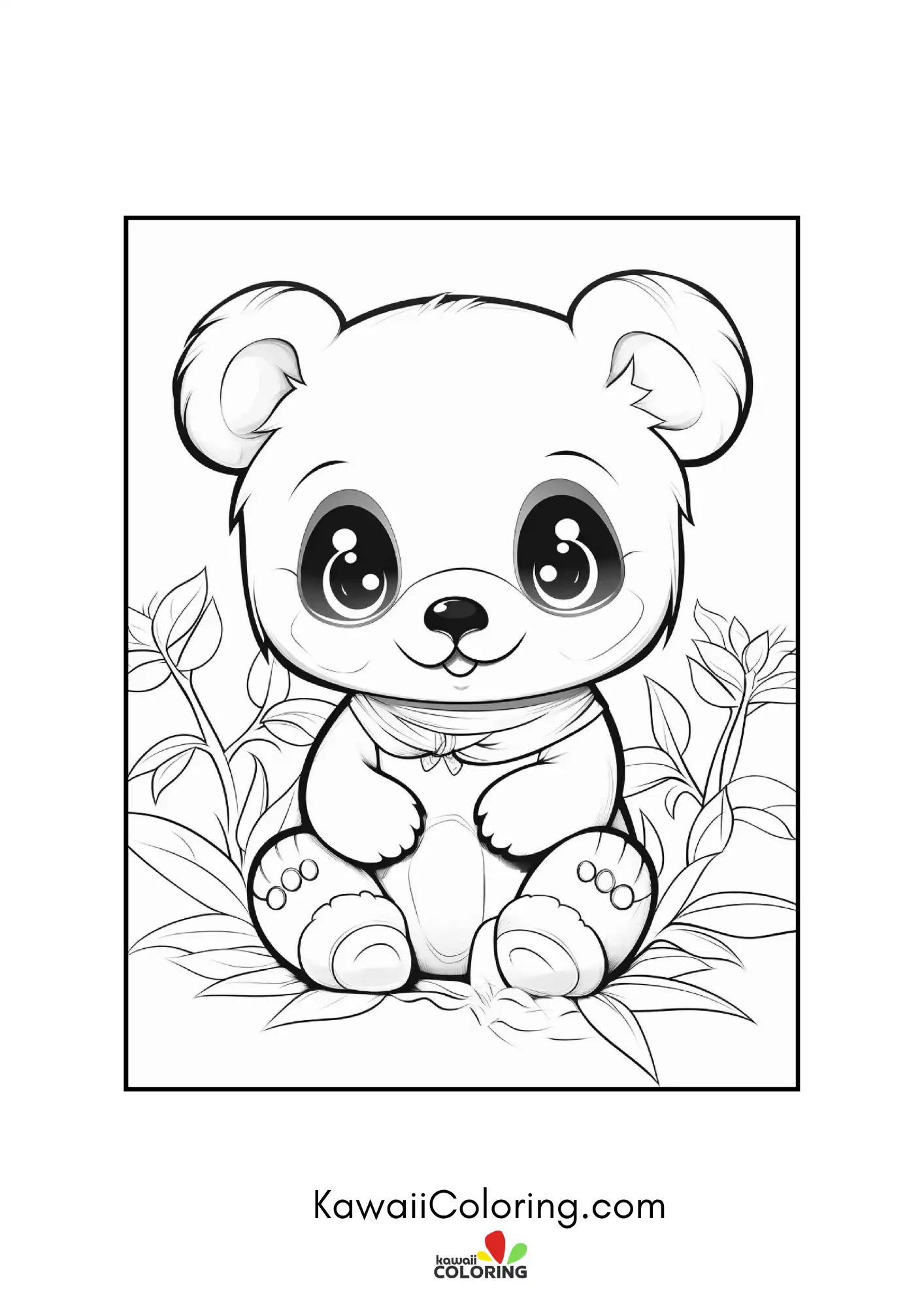 Smiling panda with hearts and leaves