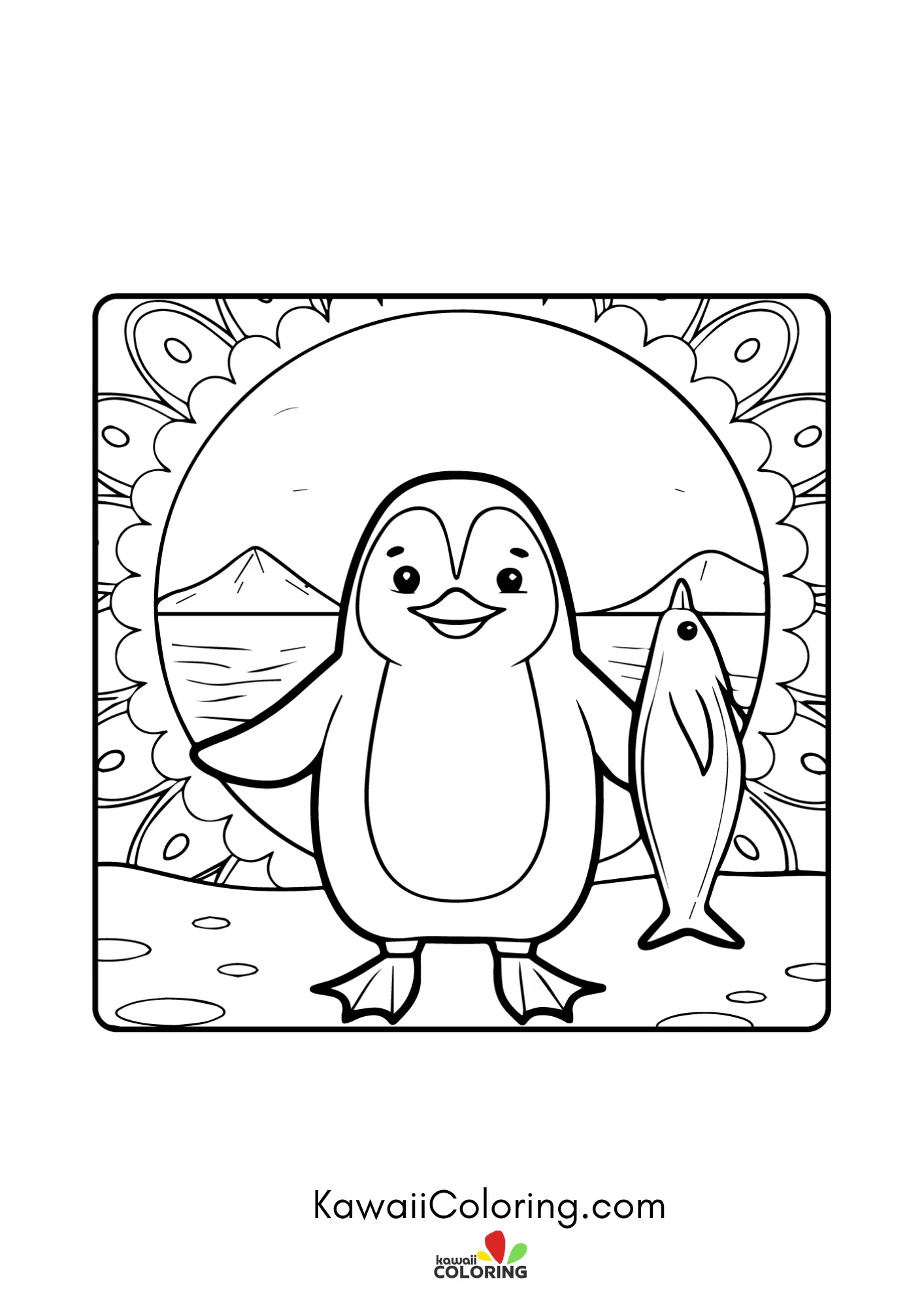 Kawaii penguin with winter background