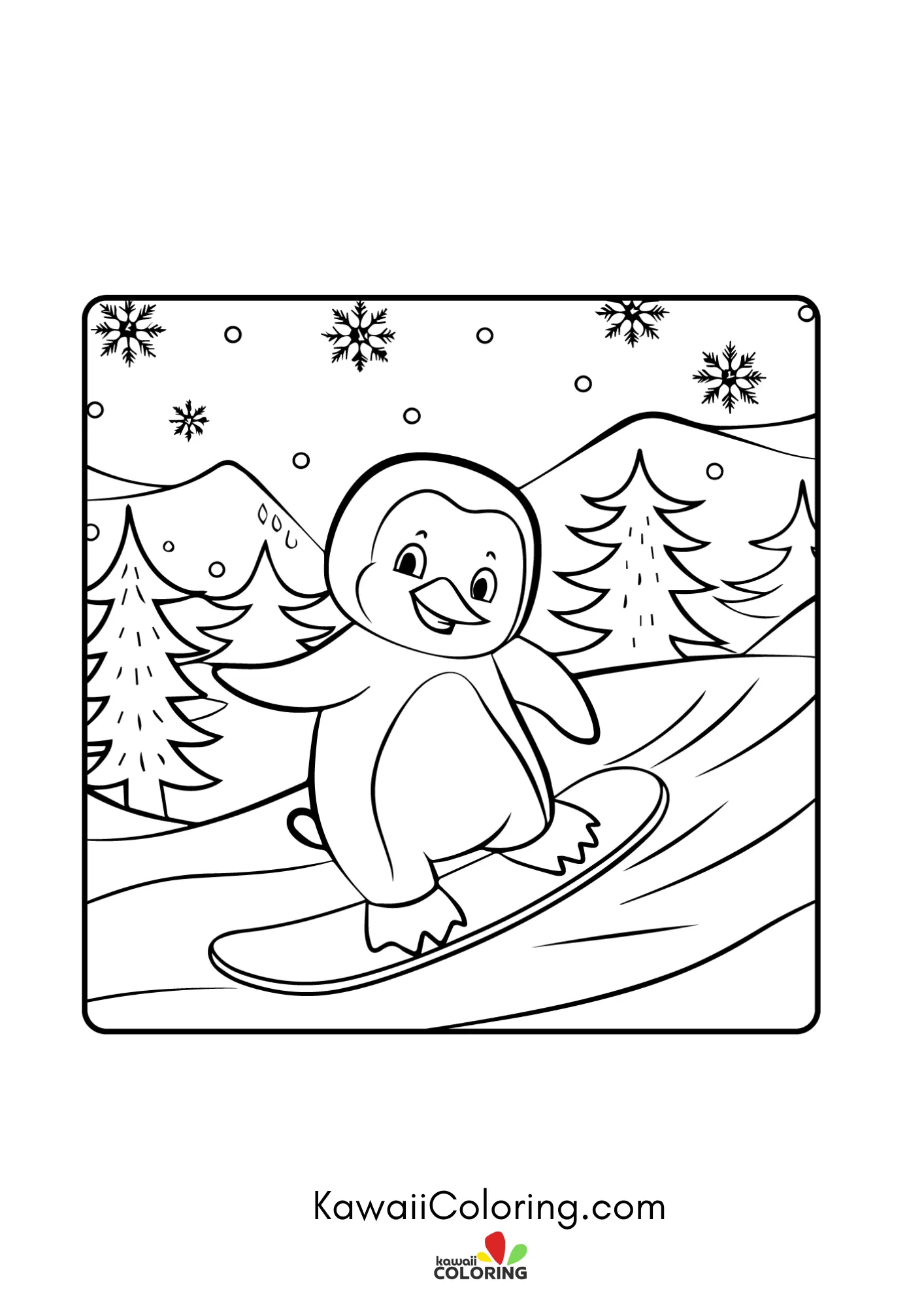 Kawaii penguin with winter background