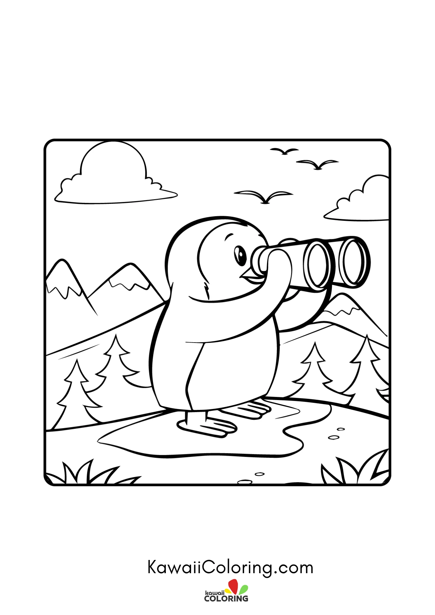 Kawaii penguin with winter background