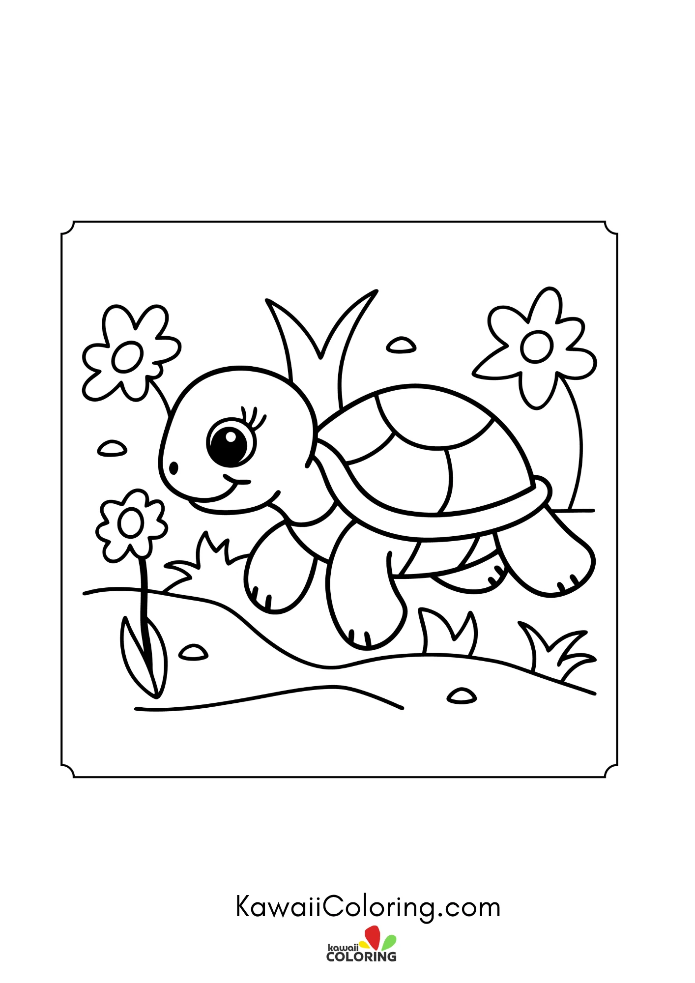 Smiling turtle near flowers and leaves
