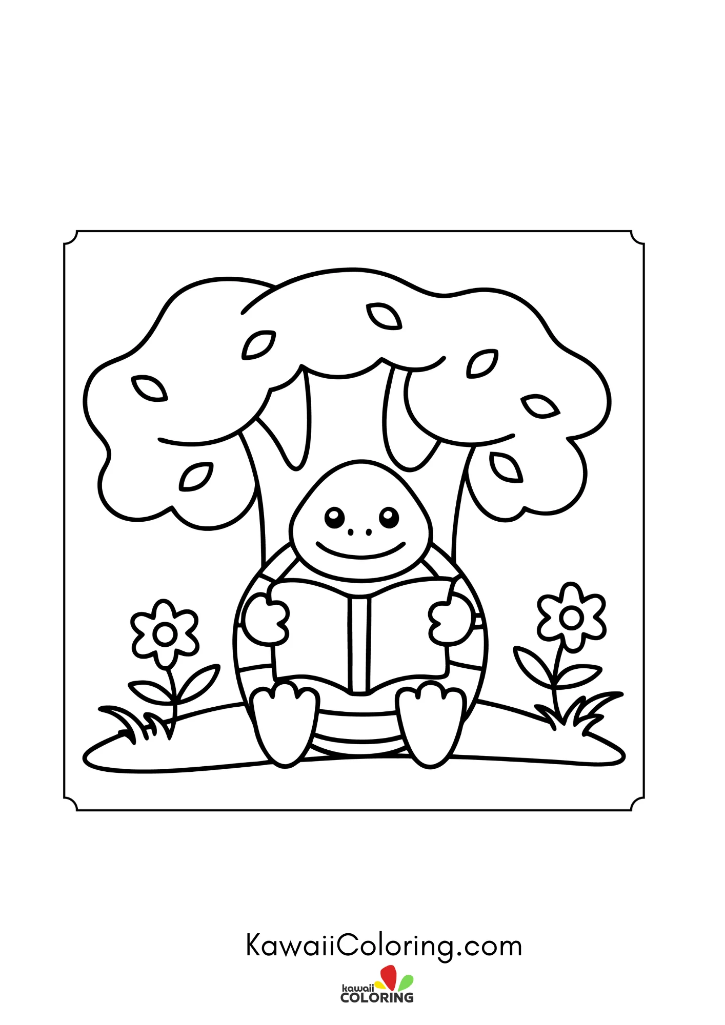 Smiling turtle near flowers and leaves