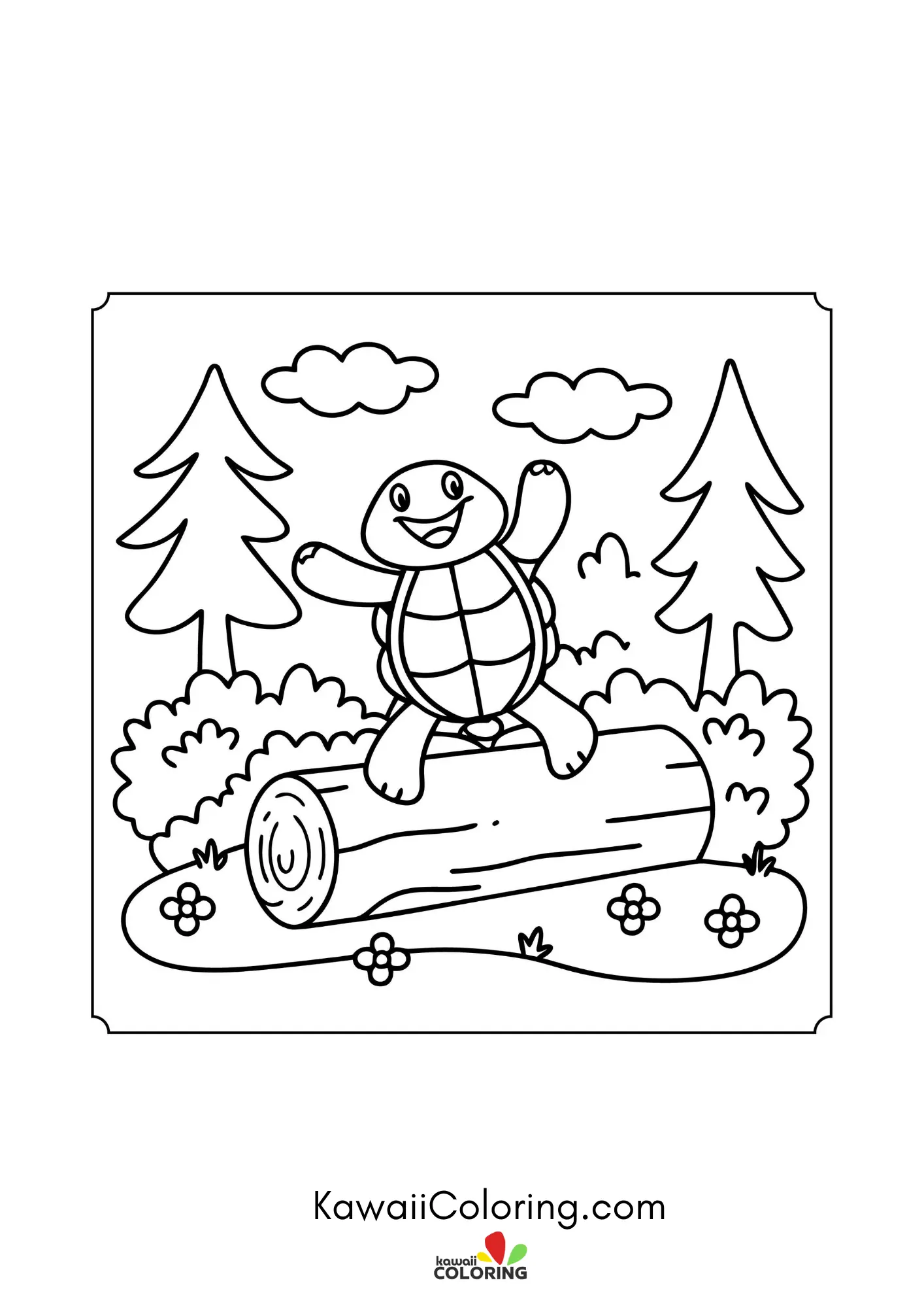 Smiling turtle near flowers and leaves