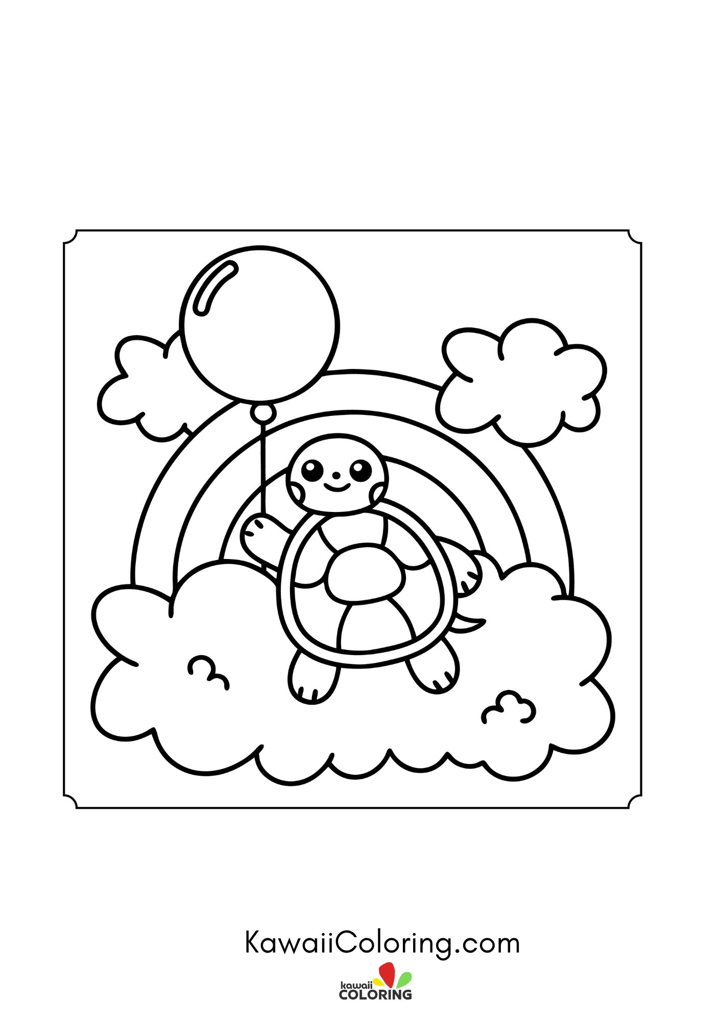 Smiling turtle near flowers and leaves