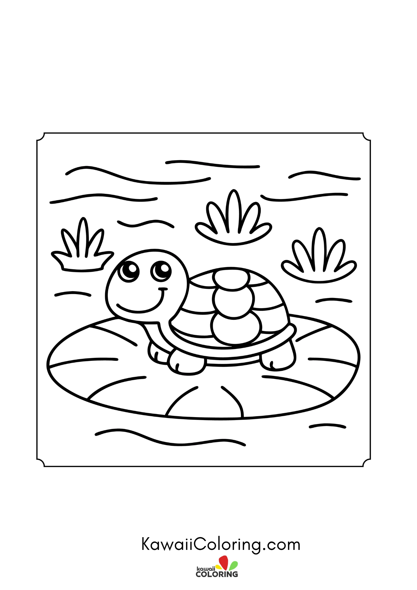 Kawaii turtle in a pond scene