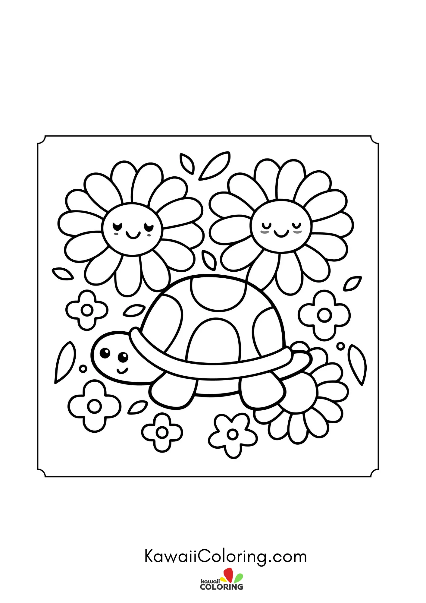 Smiling turtle near flowers and leaves