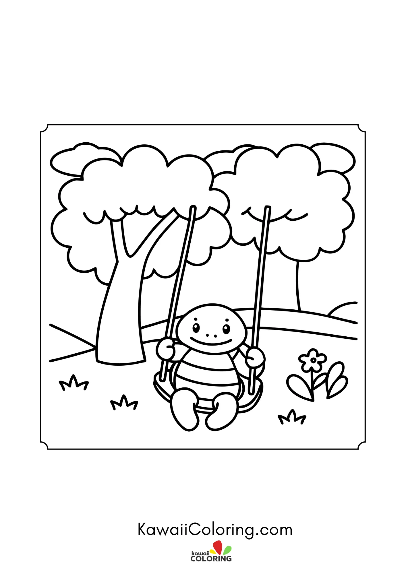 Smiling turtle near flowers and leaves