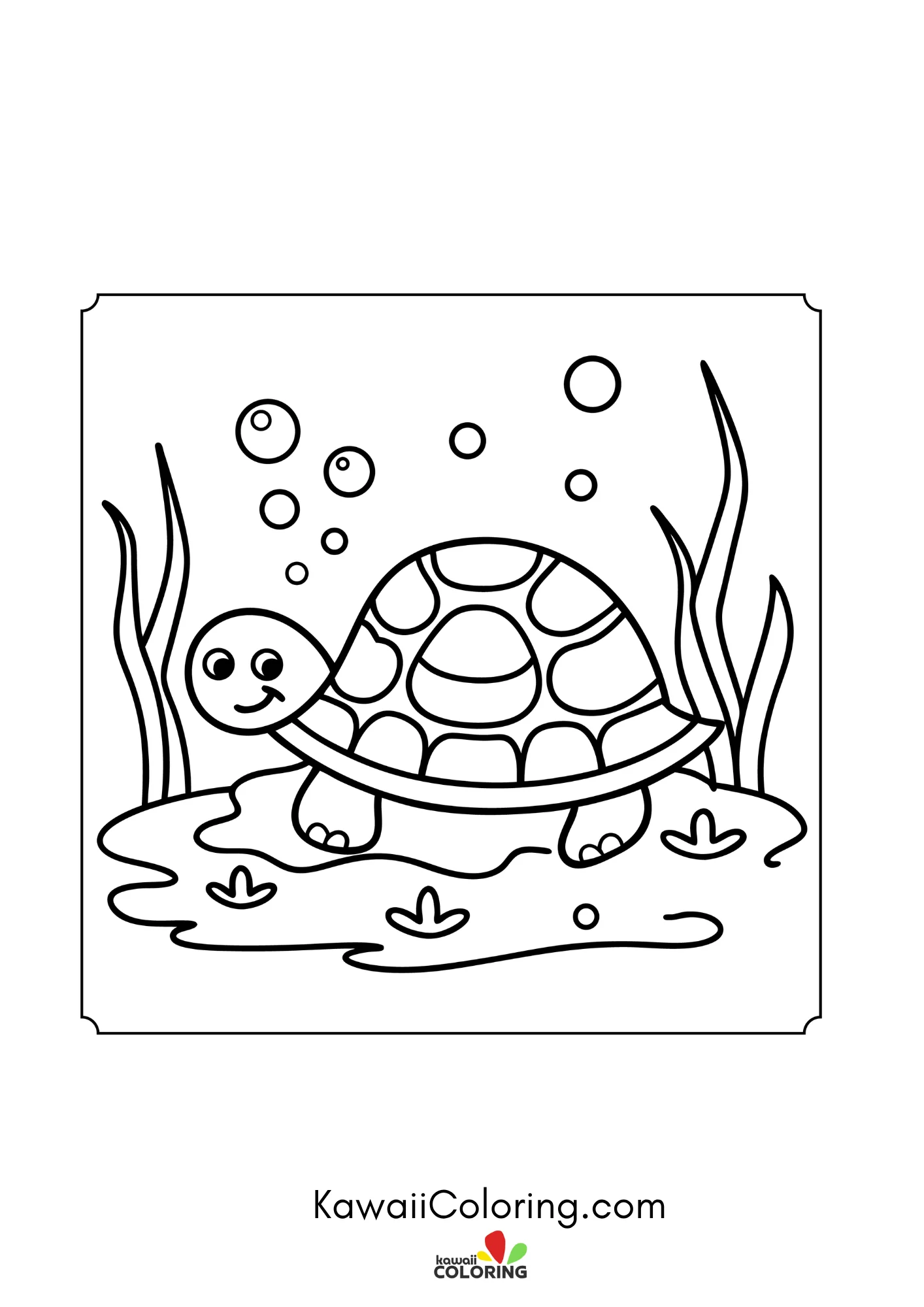 Smiling turtle near flowers and leaves