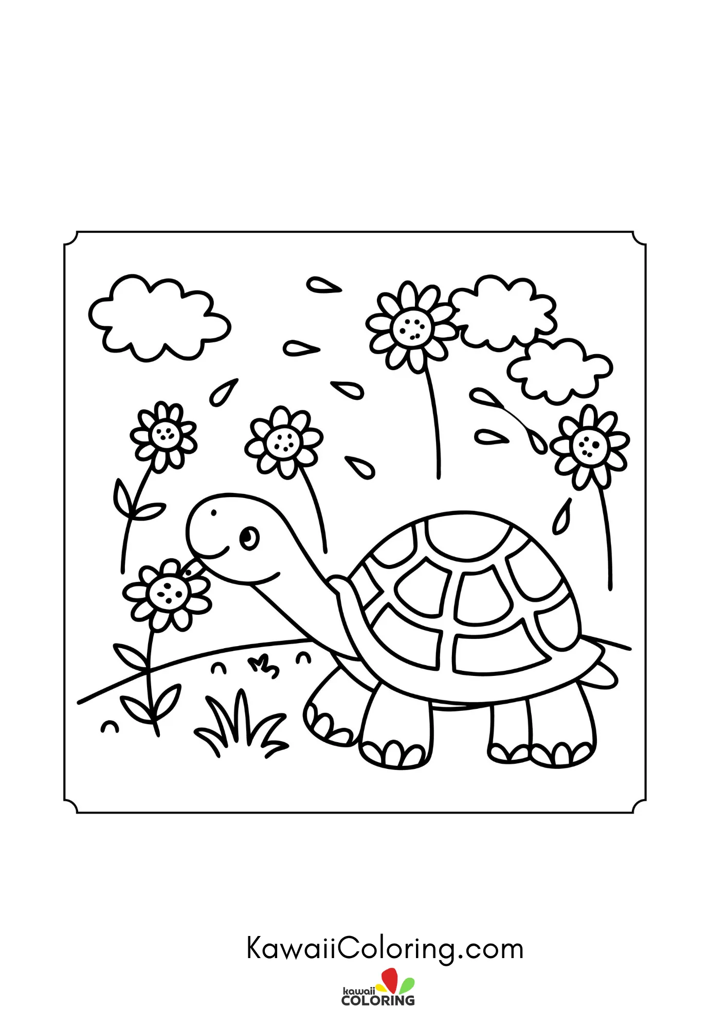 Kawaii turtle in a pond scene