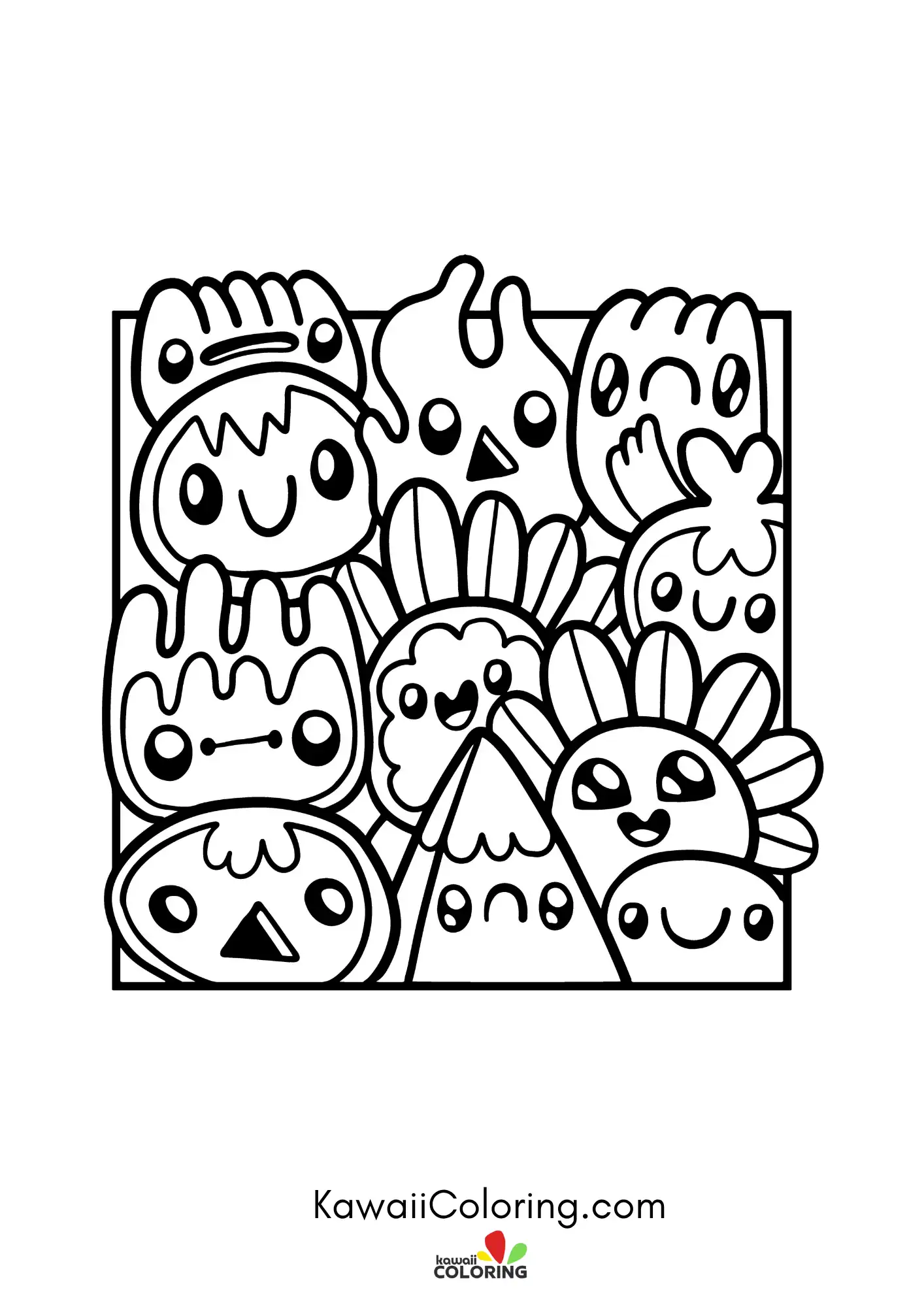 Kawaii doodles arranged across the page