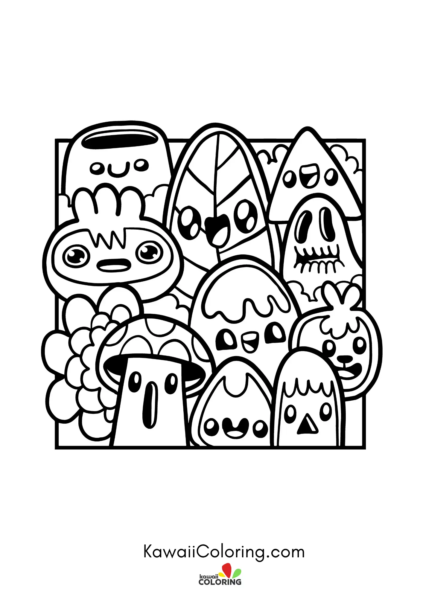 Kawaii doodles arranged across the page