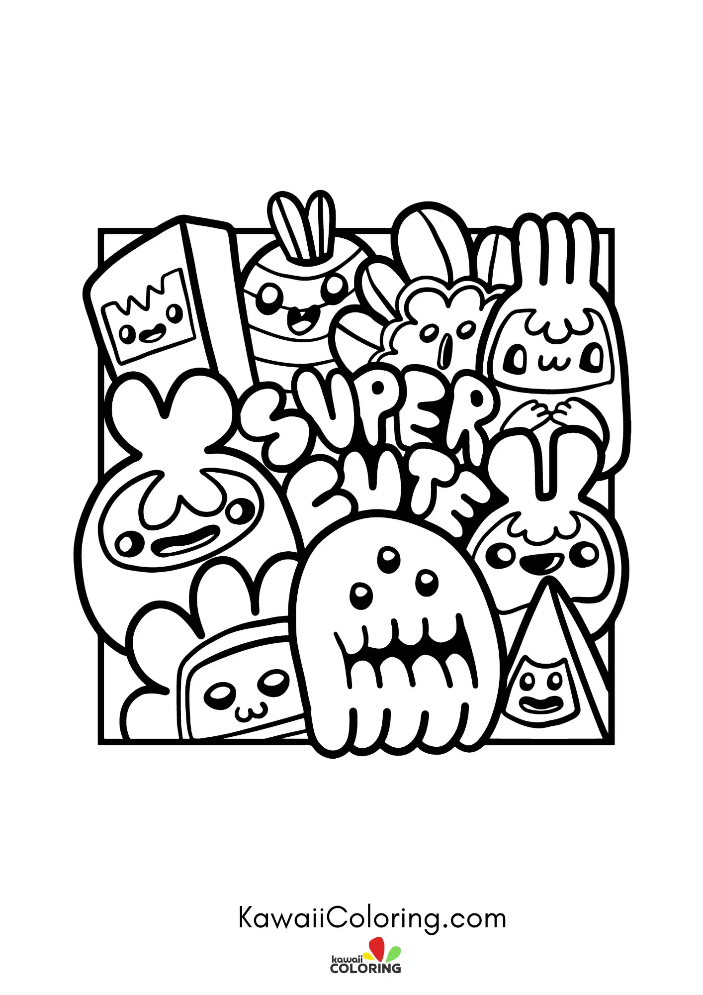 Kawaii doodles arranged across the page