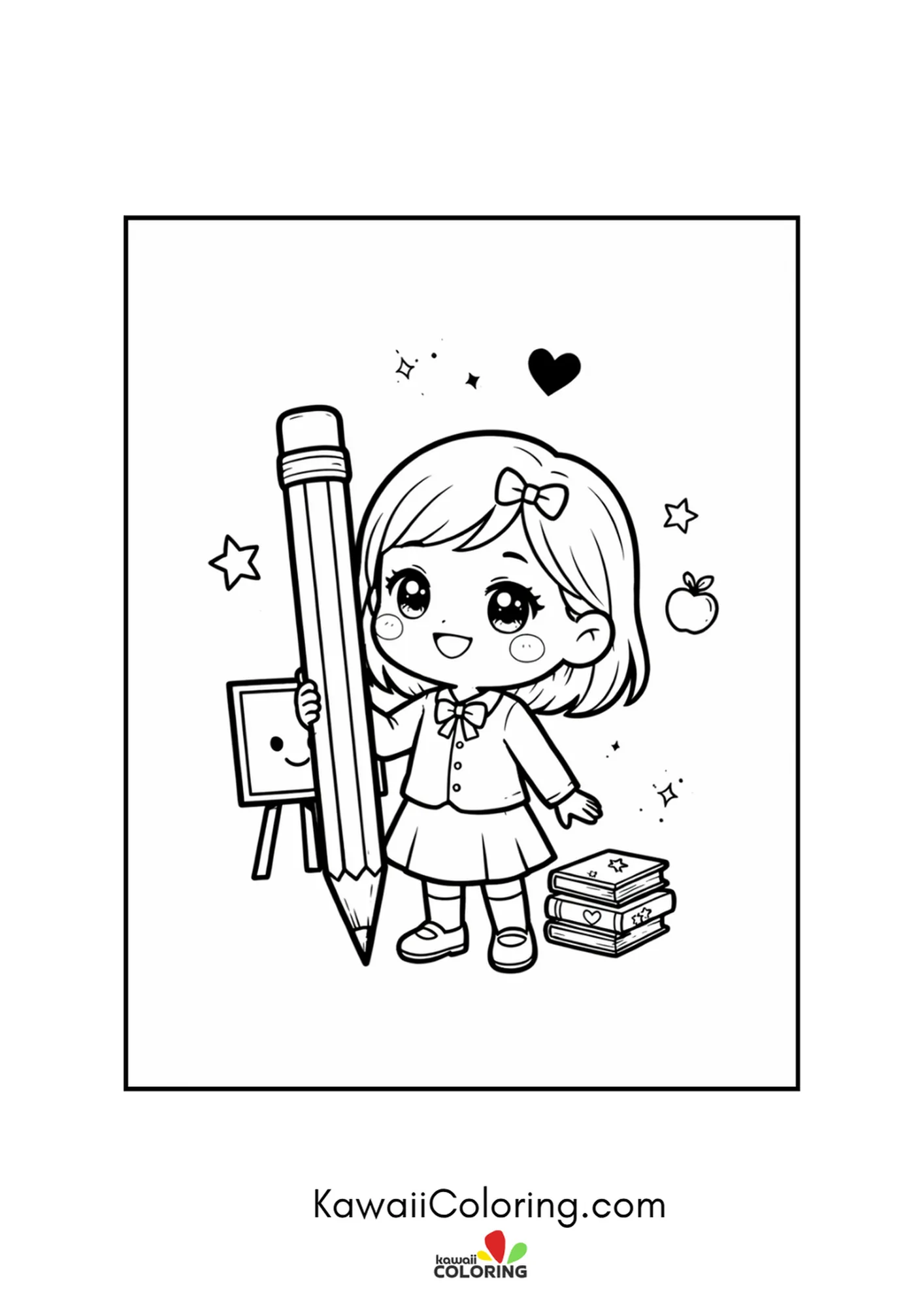 Kawaii girl teacher holding a giant pencil beside a smiling easel and books coloring page